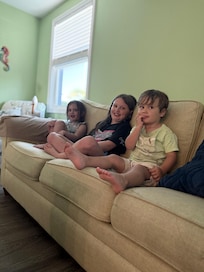 Watching a movie in the living room after the pool.