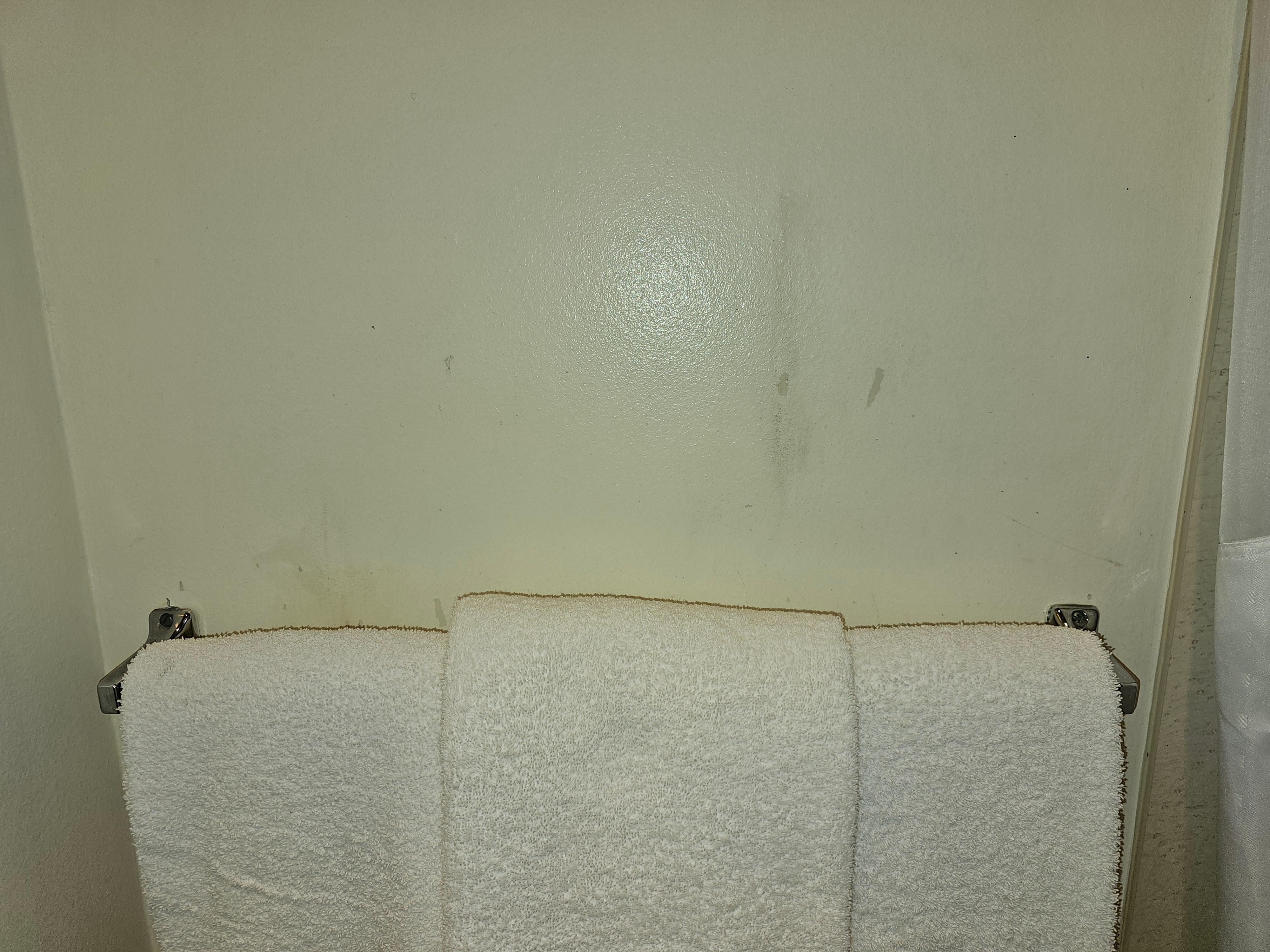 Chipped paint and stained walls in the bathroom