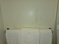 Chipped paint and stained walls in the bathroom