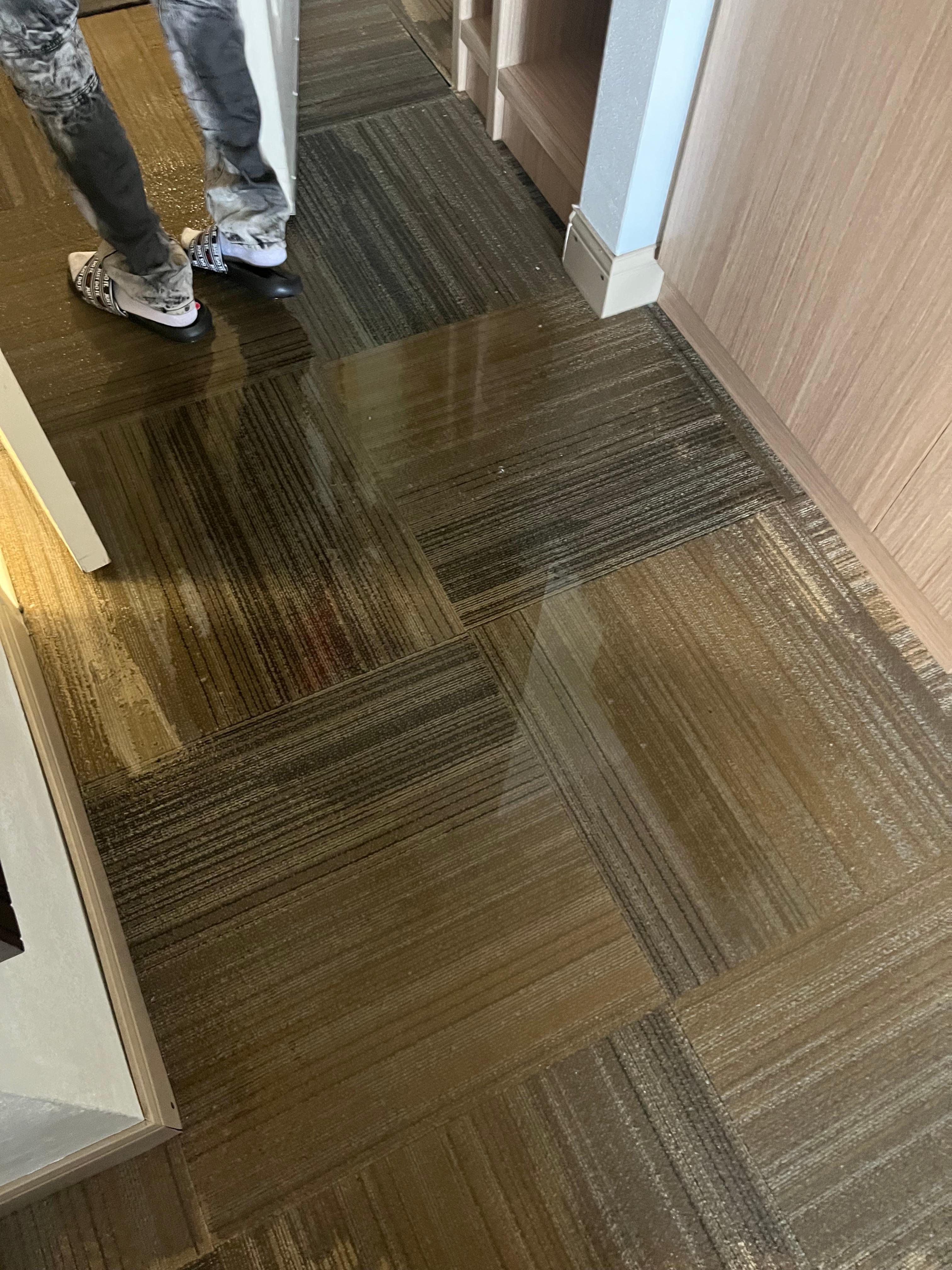 Walking in a puddle inside room going outside the door