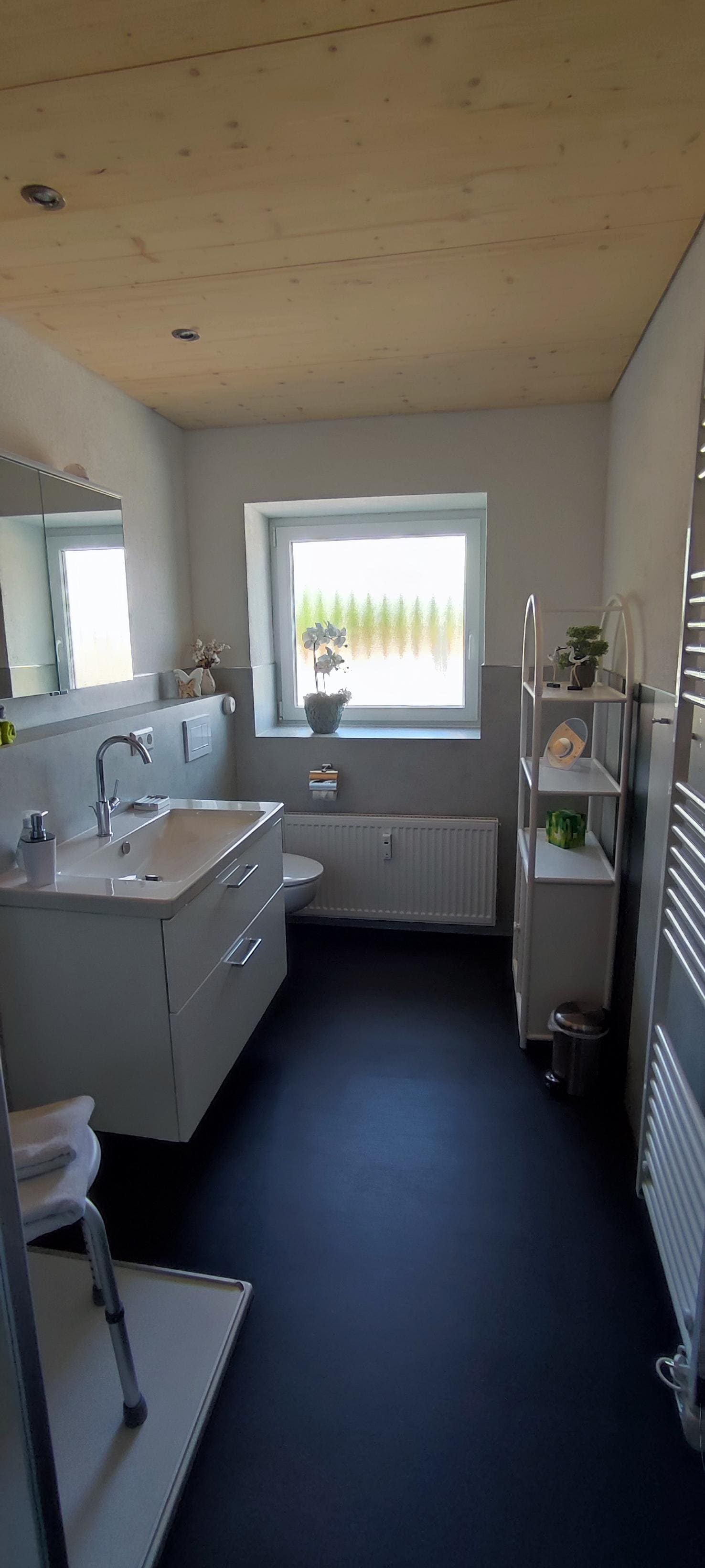 Neues Bad mit großem Spiegelschrank und viel Licht.