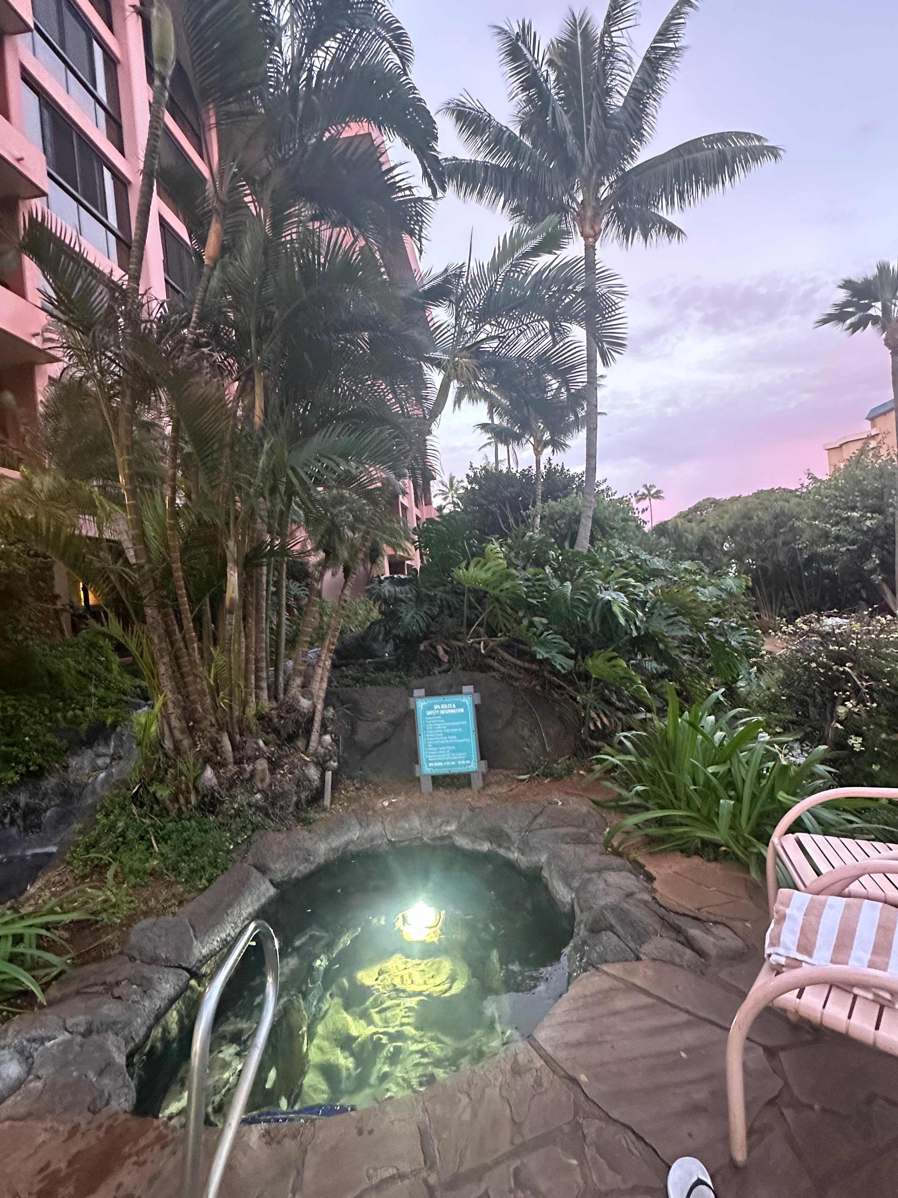 Early morning soak  in the sand bottom hot tub. There are two on the property.