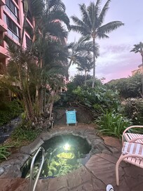 Early morning soak in the sand bottom hot tub. There are two on the property.