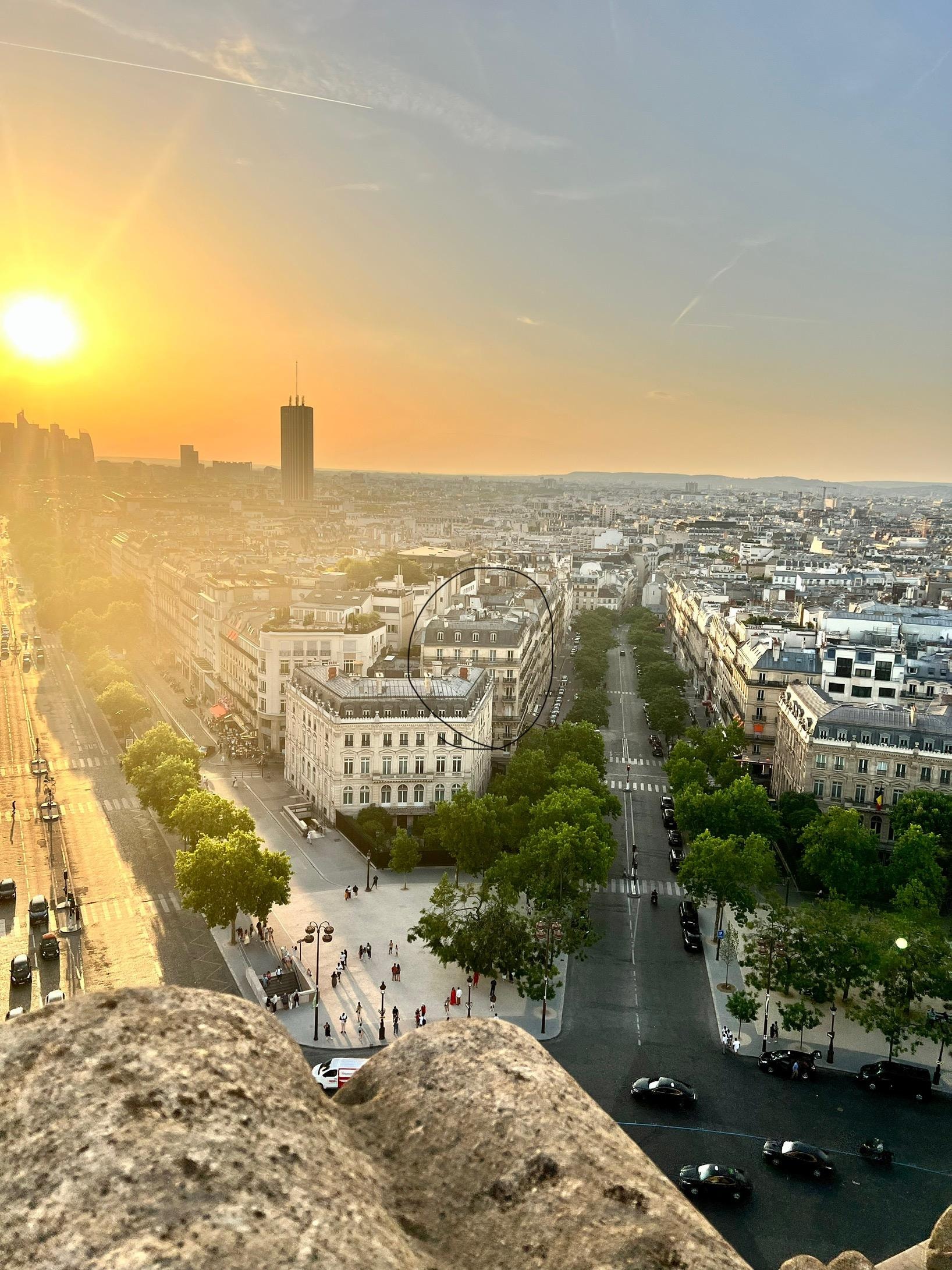 Hotel Splendid Etoile is circled. This is from the top of the Arc de Triomphe