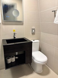 Bathroom dominated by black sink