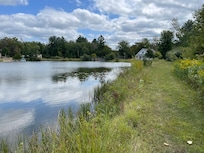 View of the cottage from a mowed path along the lakeshore.