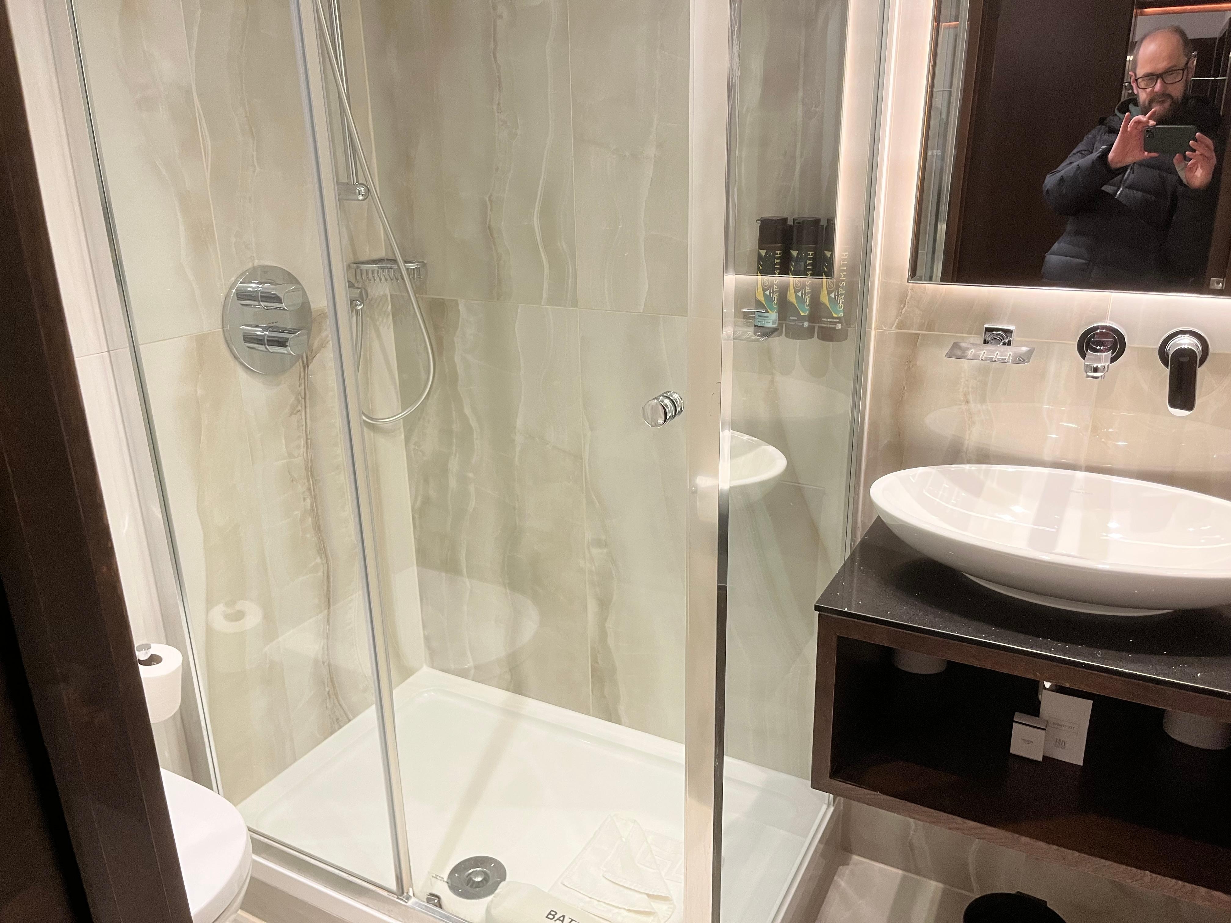 Bathroom with excellent shower. 