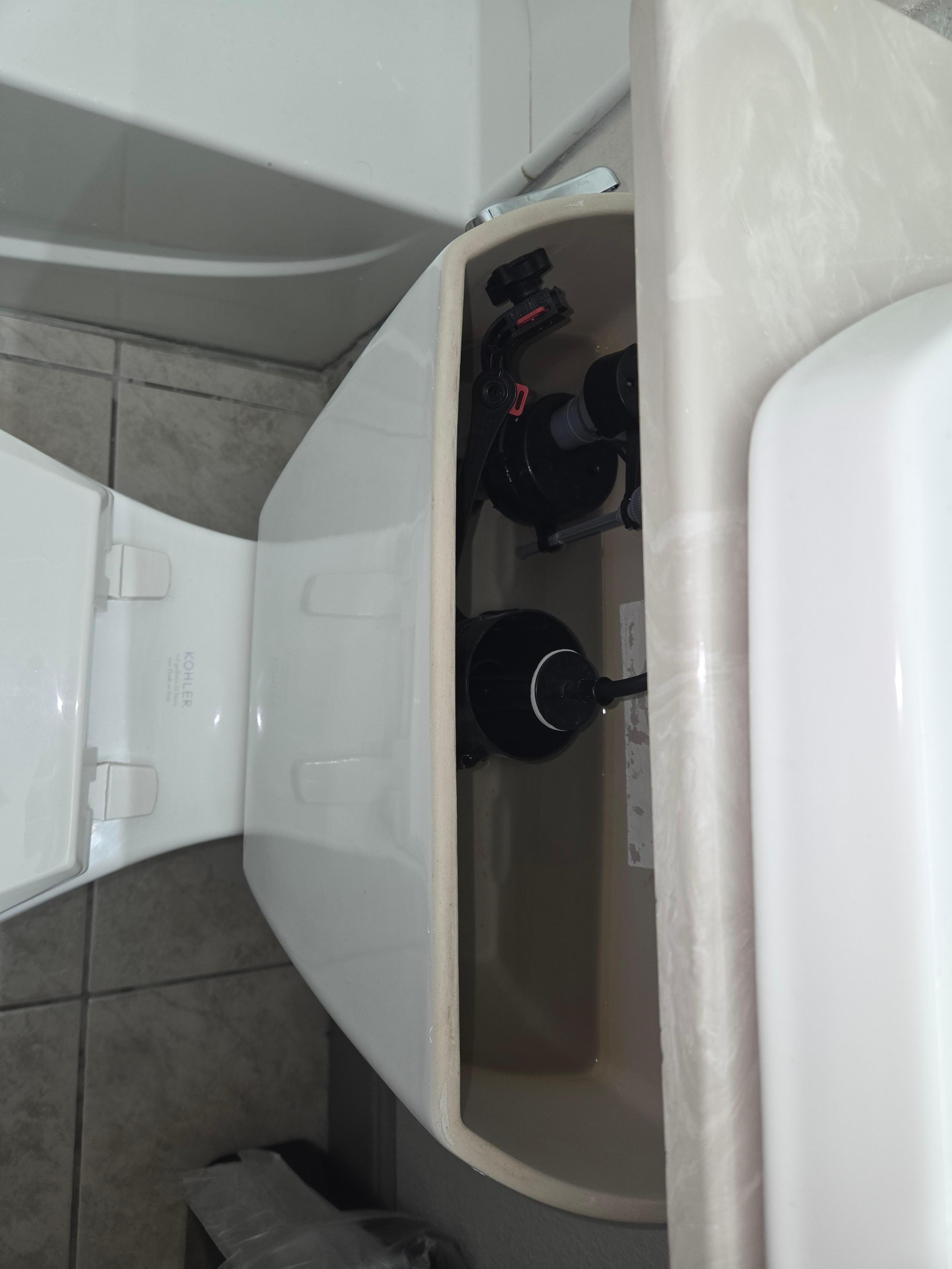 Toilet with broken chain. The only way it could be flushed was to take the lid off and pull the thing in the middle up.