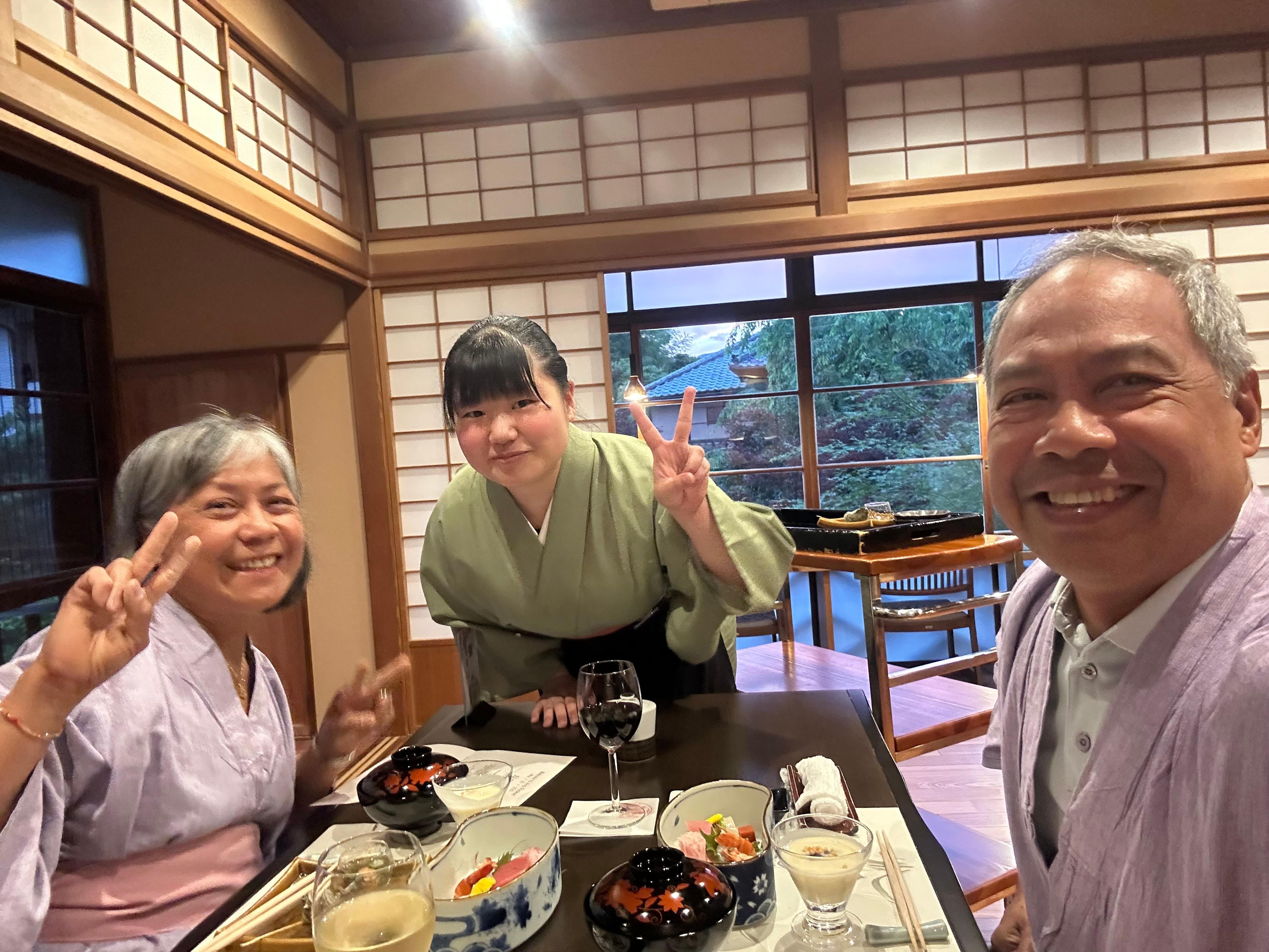 Enjoying our multiple course kaiseki dinner meal with Juri our kind server