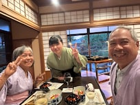 Enjoying our multiple course kaiseki dinner meal with Juri our kind server