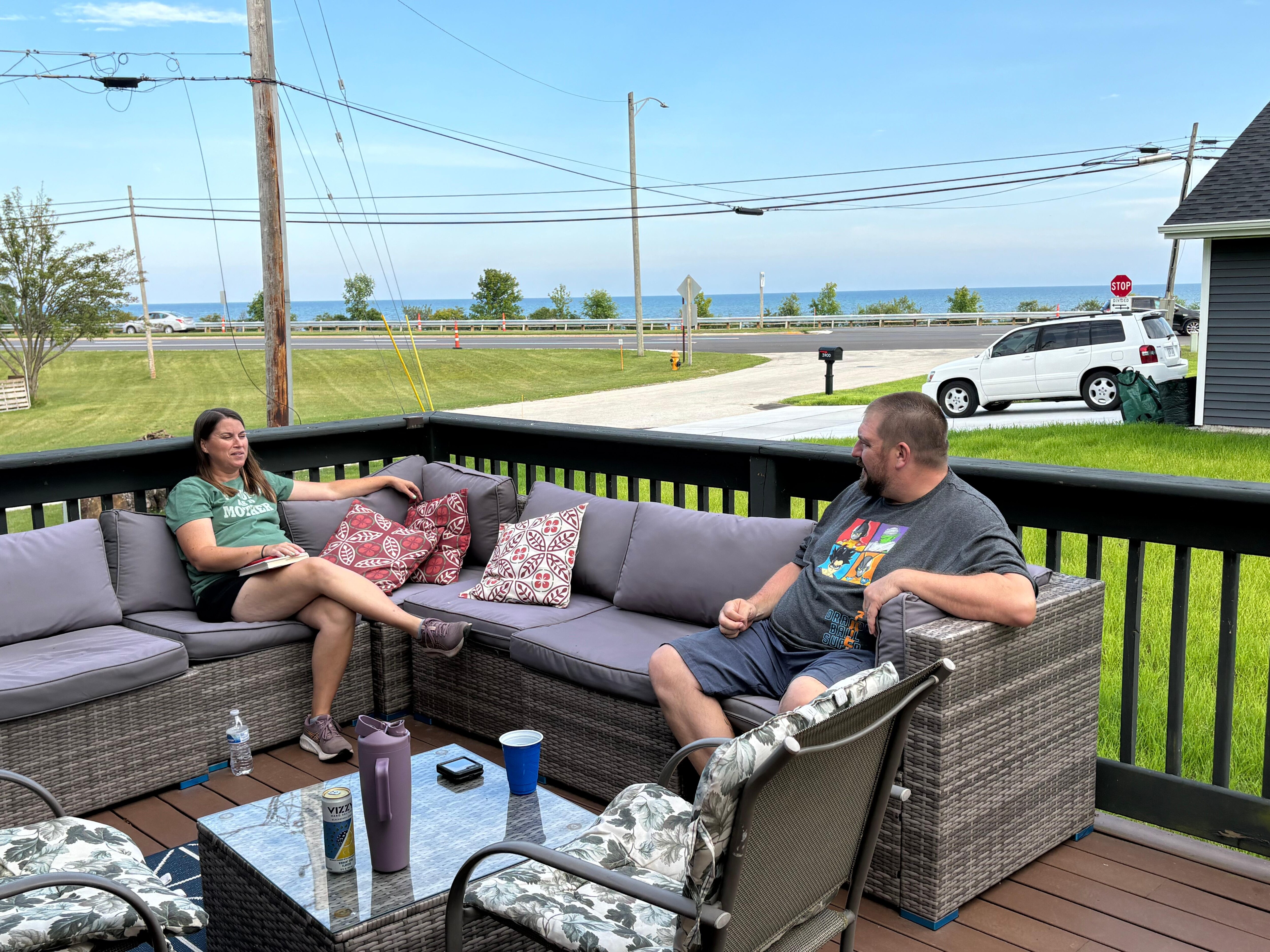 Enjoying the weather and the view on the deck