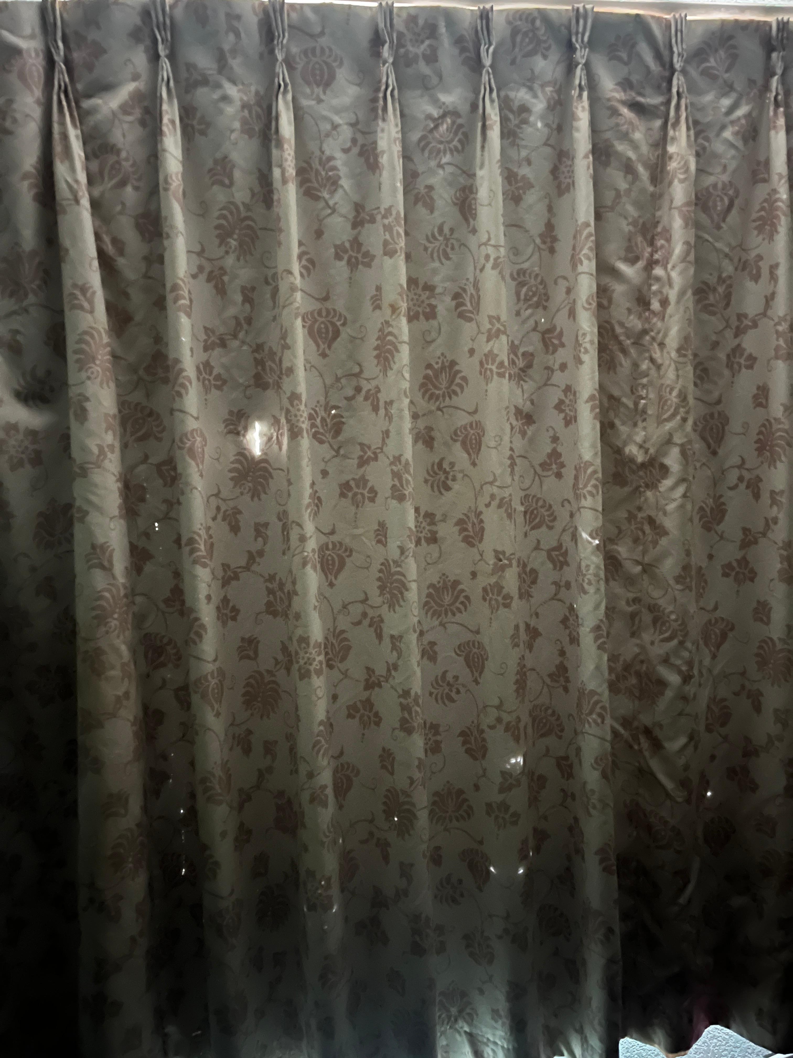 Icky shower curtain covering icky bathroom