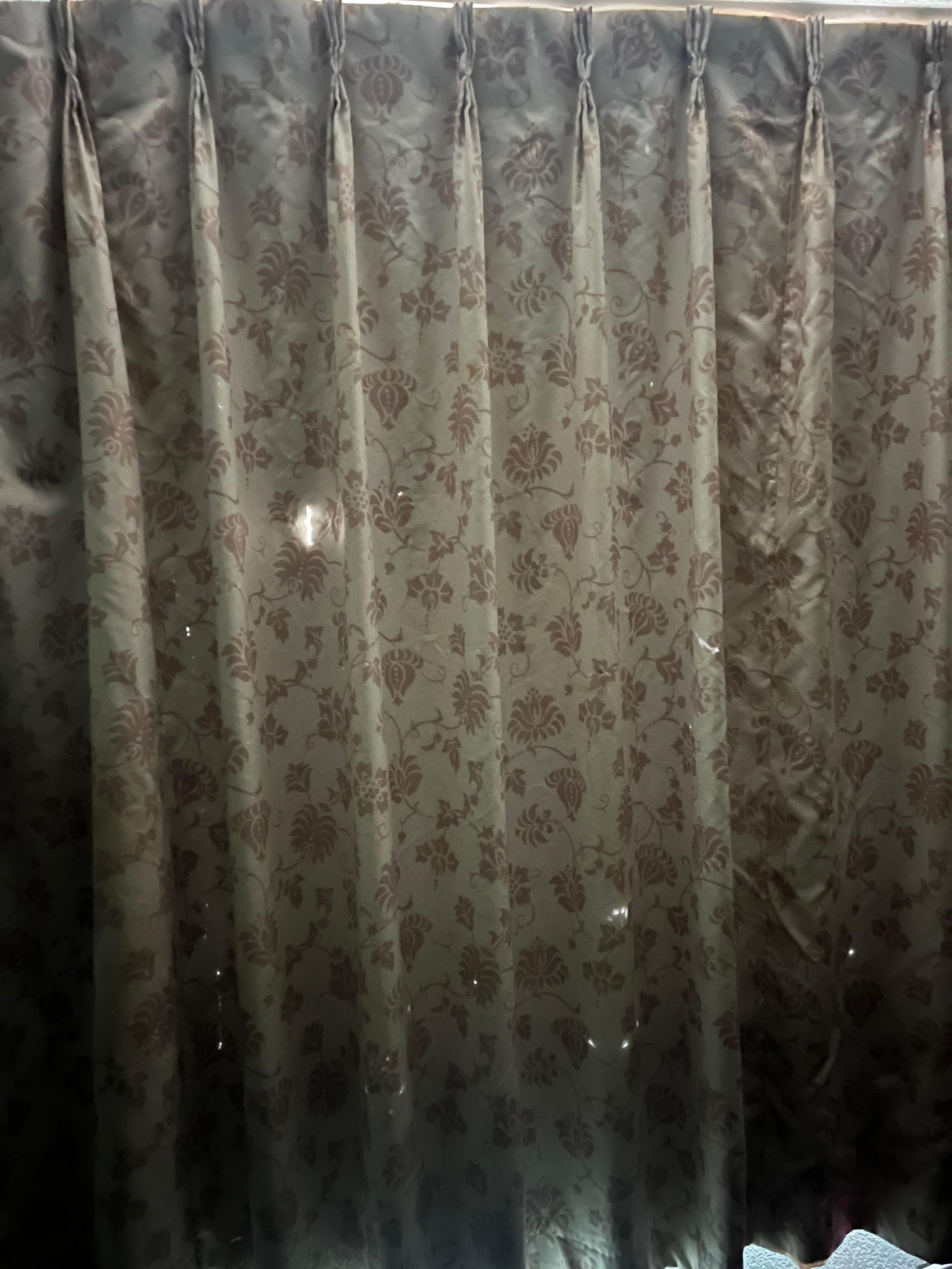 Icky shower curtain covering icky bathroom