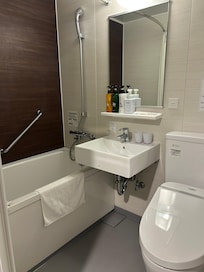 Bathtub was high. No trashcan in bathroom.