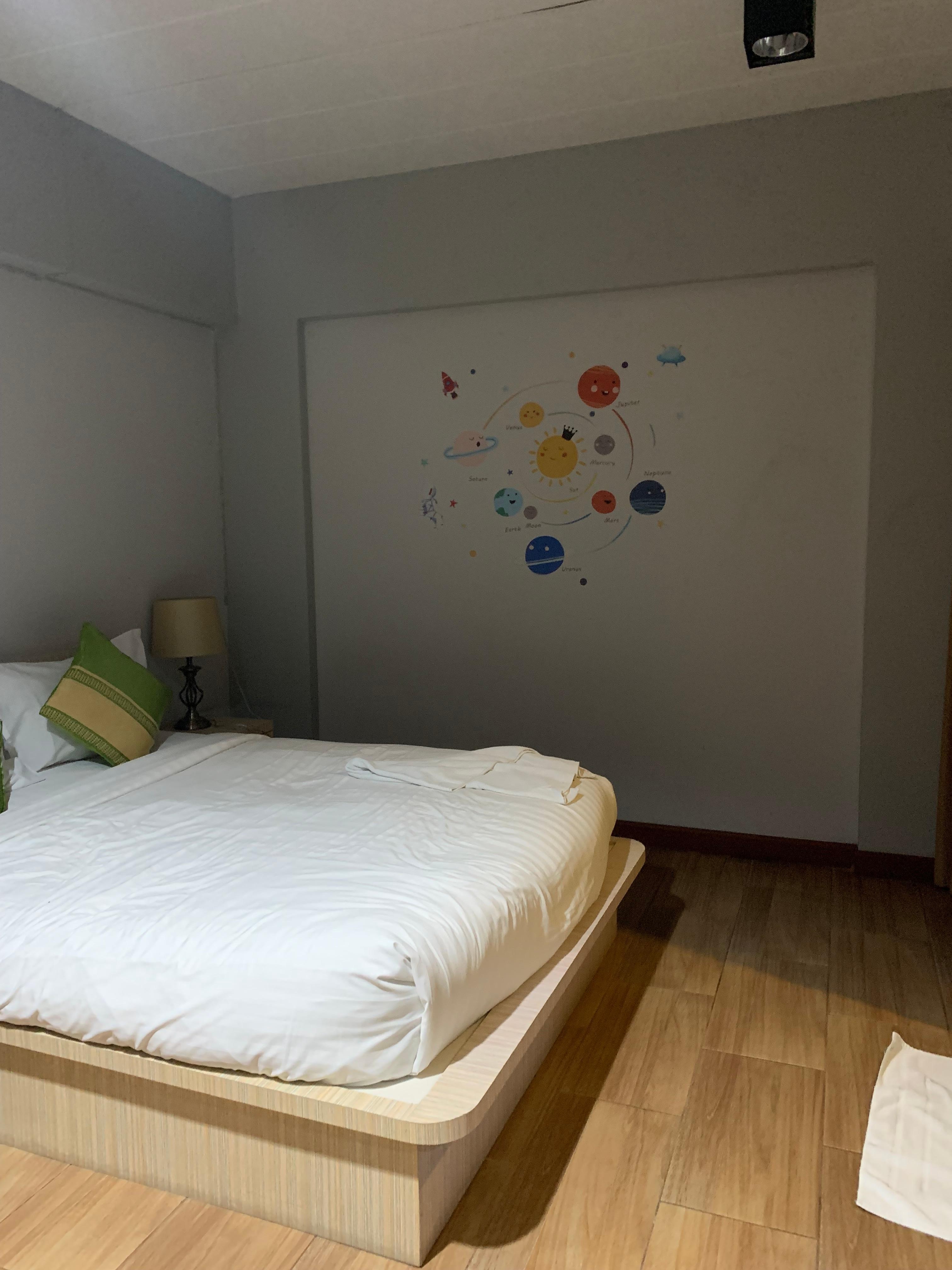 The bed is not facing the tv. 