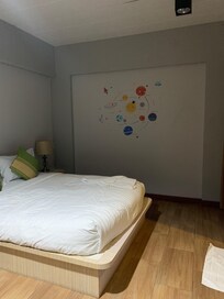 The bed is not facing the tv.