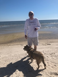 Bay St. Louis beach welcomes your pet but on a leash. Our Bandit loved the beach. We adopted him a year ago.