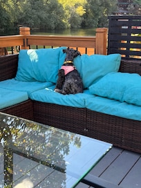 Lucy isn’t sure what she’s guarding, but she’s killin’ it! She loves the deck!
