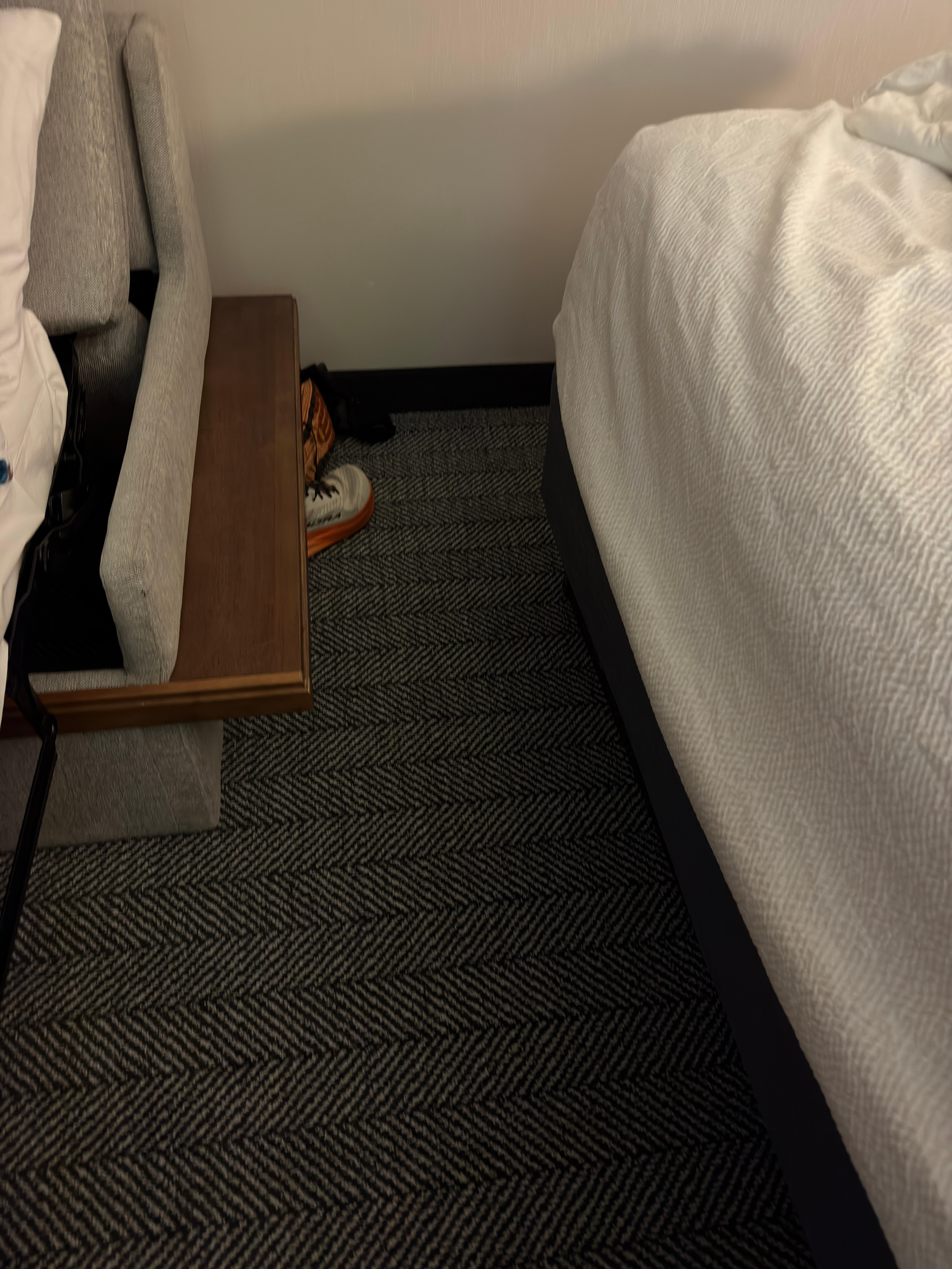 Banged my left shin on this couch trim returning to bed from a late night restroom break because it sticks out into the only pathway back to the bed & was not visible. The throbbing at the point of impact interrupted my rest the rest of the night.