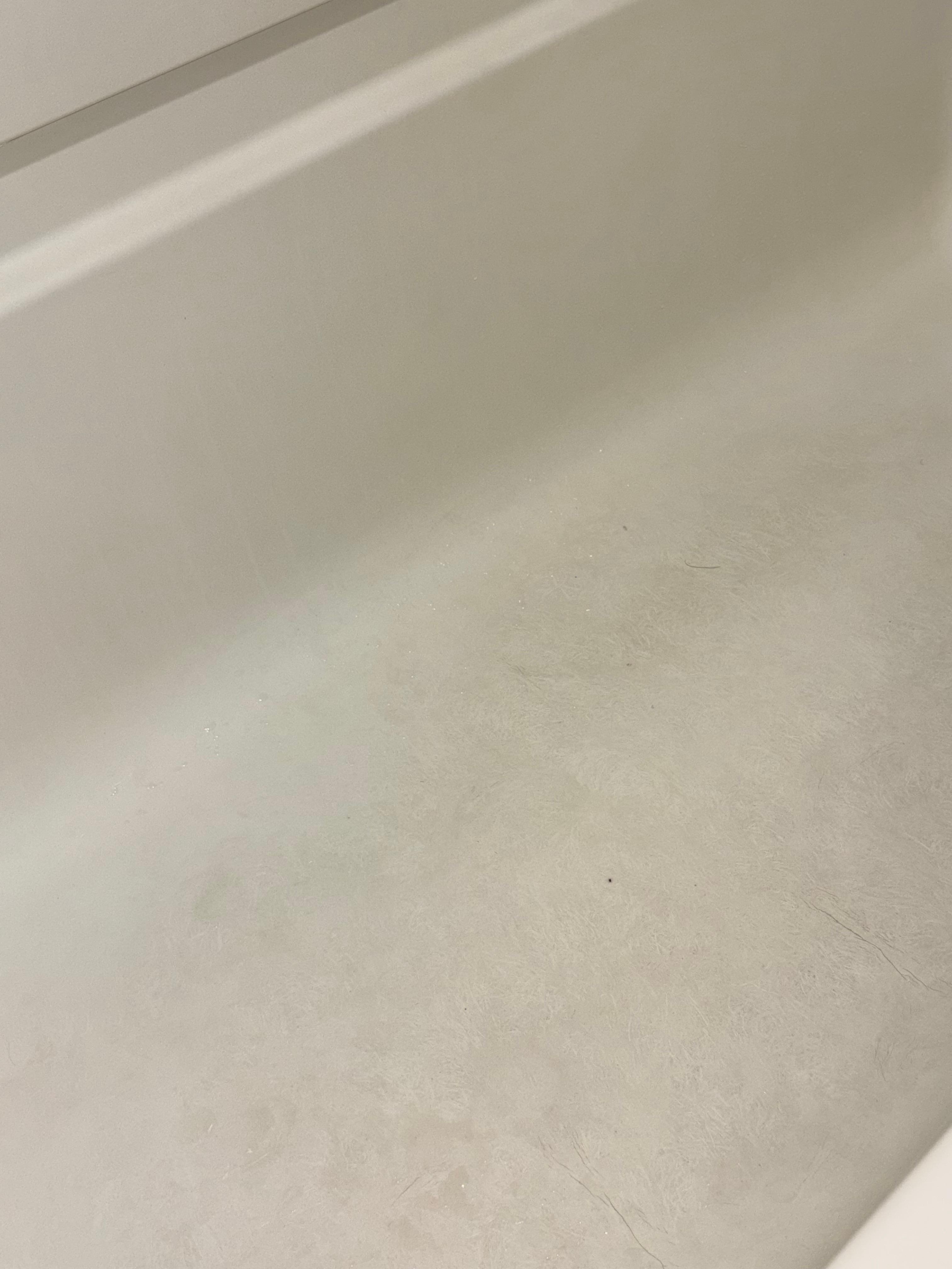 The tub is dirty on the bottom and sides. 