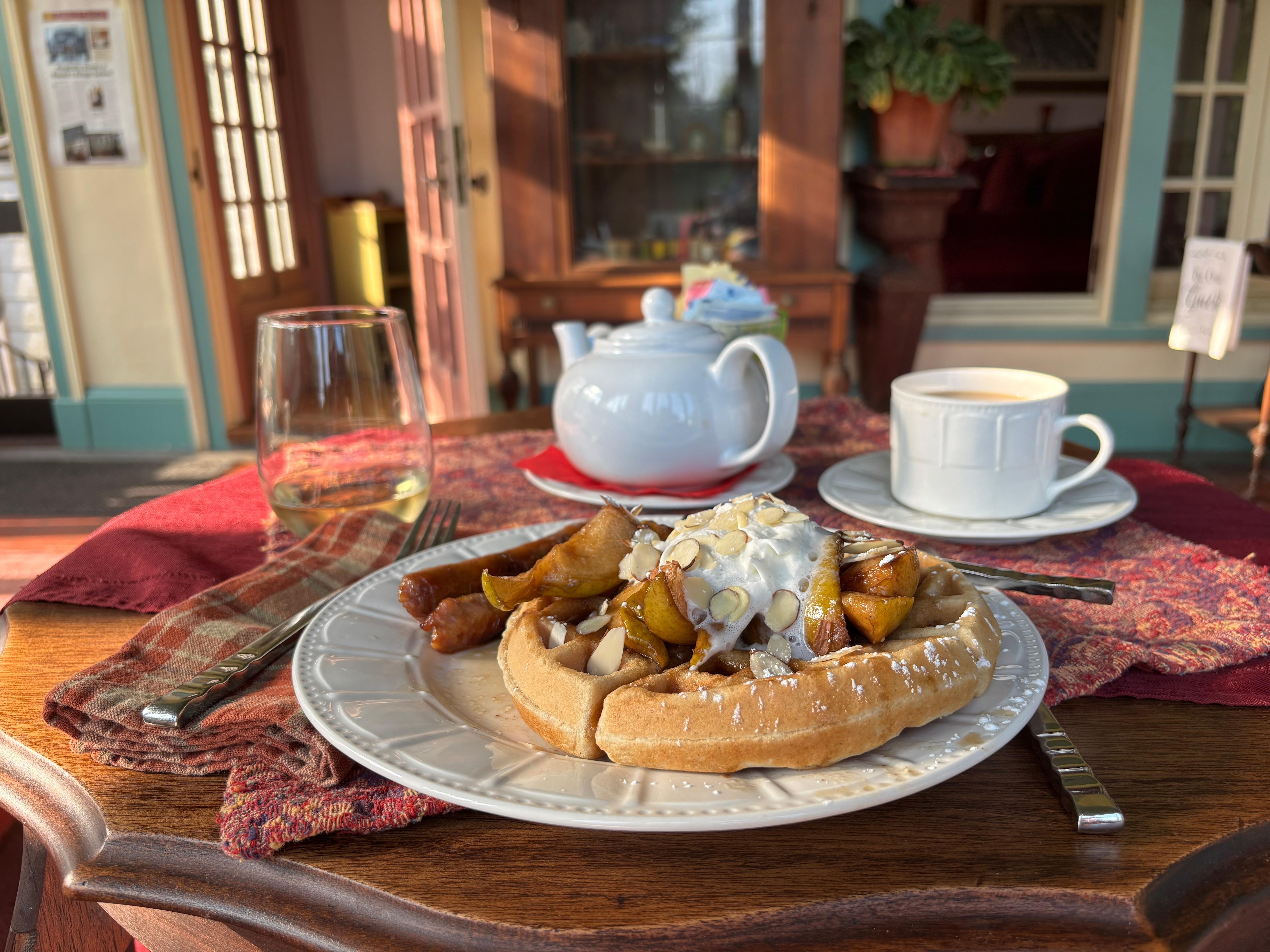 Breakfast was Belgian waffle with pears and sausage 