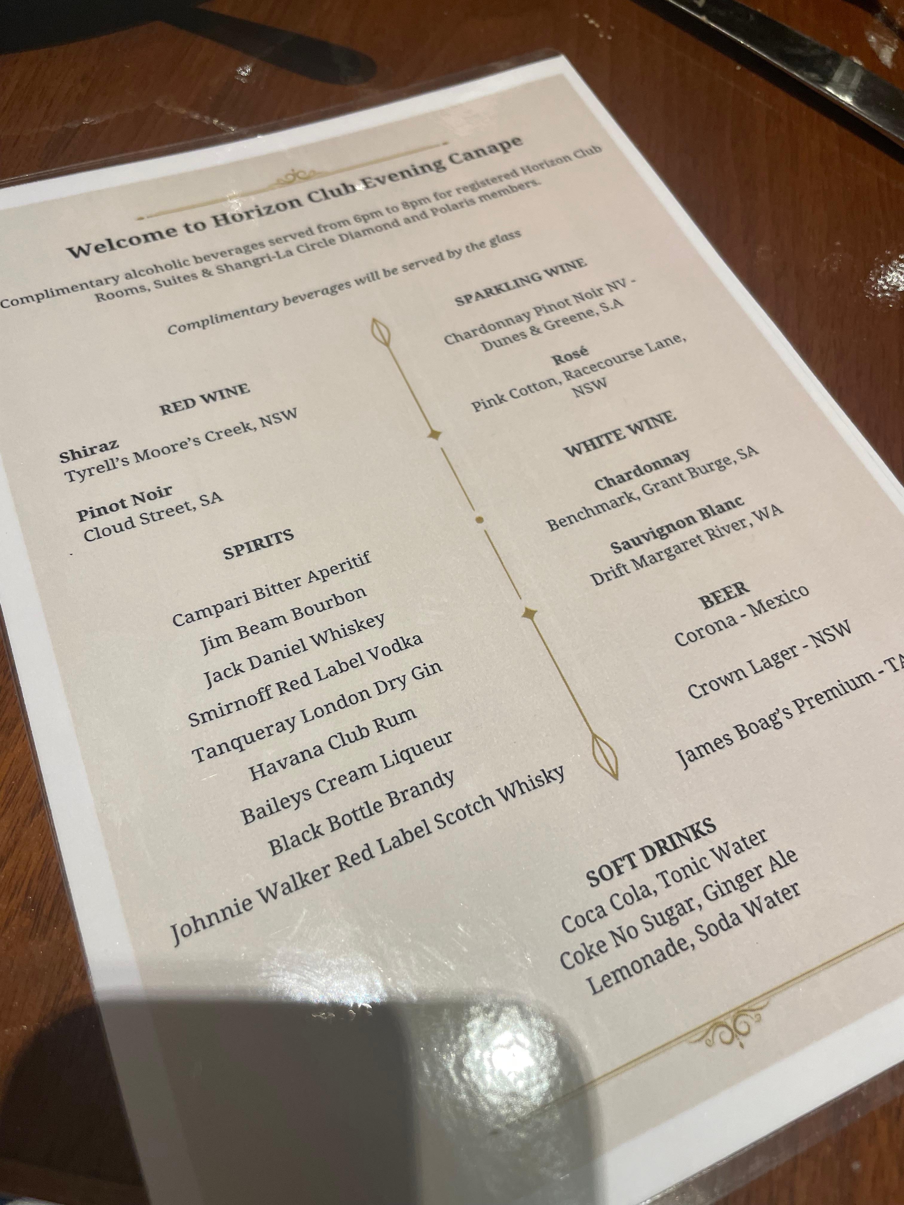 Evening drink menu at the lounge