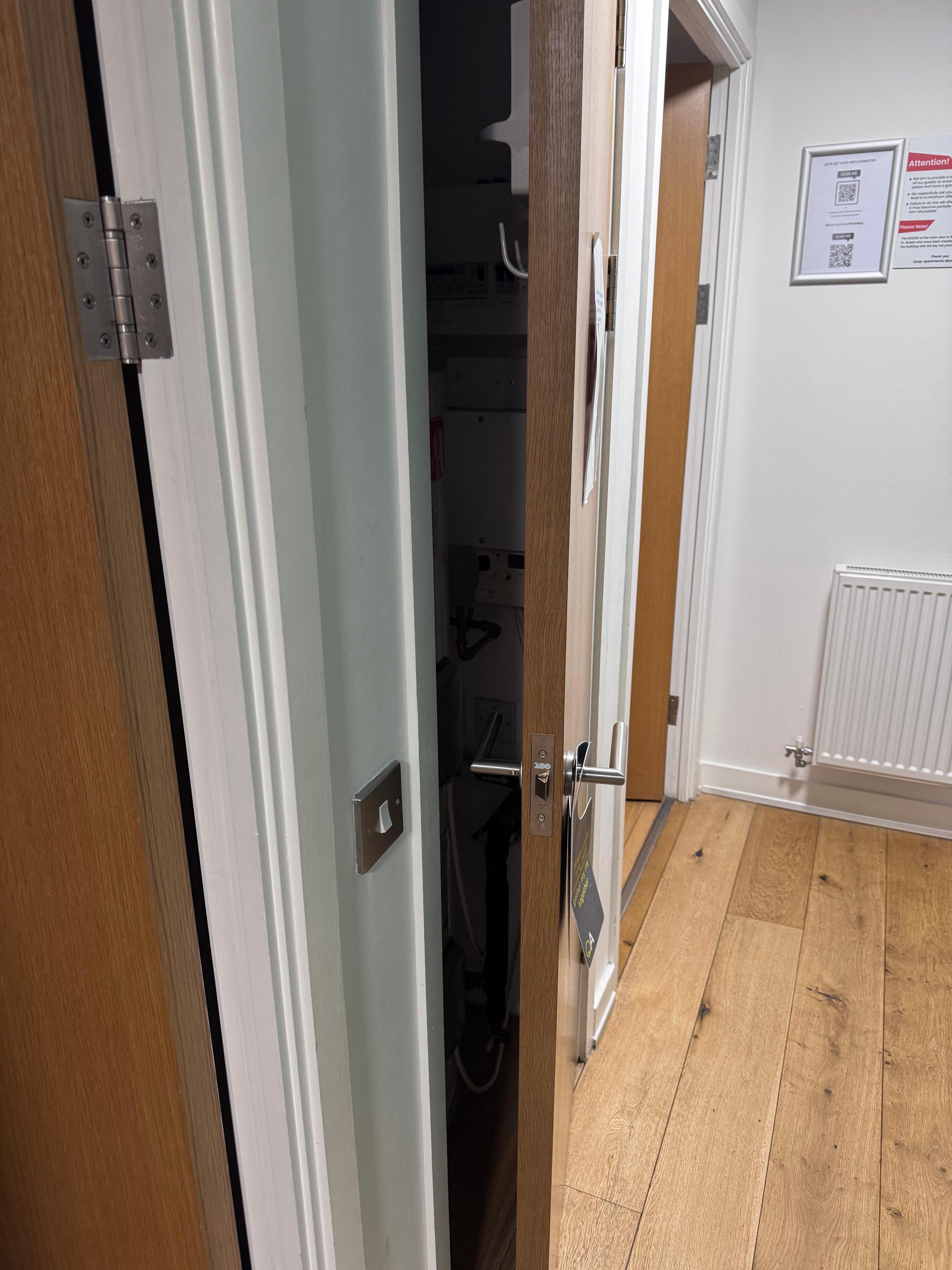 Cloakroom door latch broken and won’t stay home.  