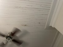 Picture of water stains from leaks on room ceiling