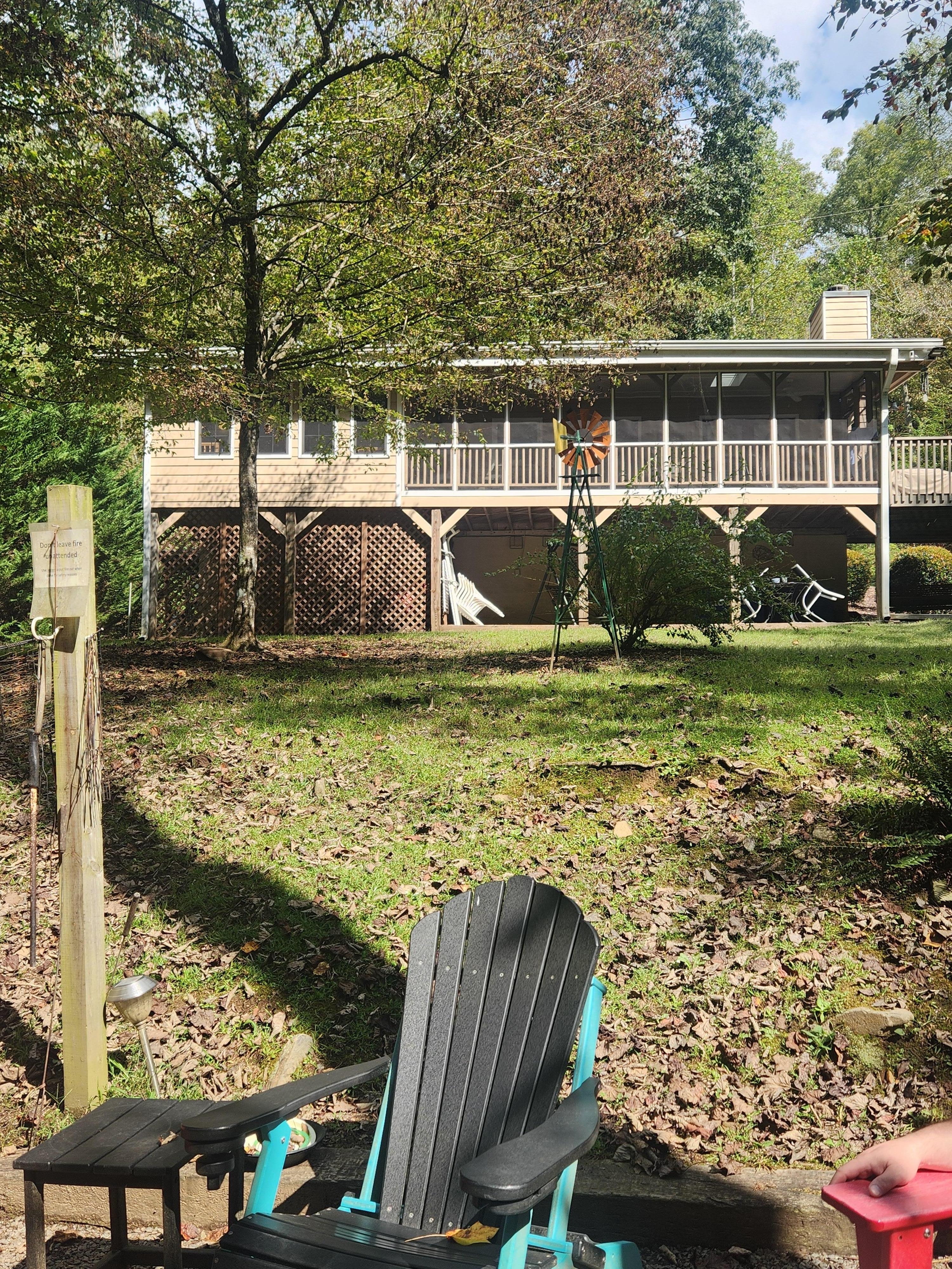 From the fire pit area looking at the cabin.