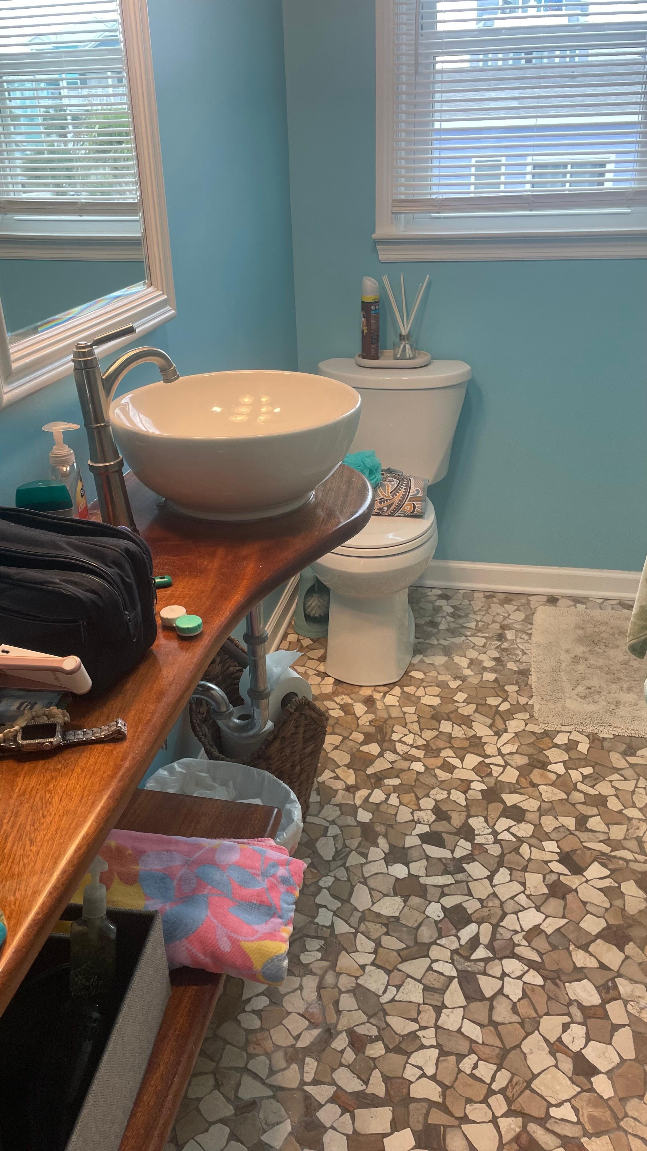 Bathroom has a long two shelf counter to keep all your stuff on.  Row of lots of hooks for your towels. 