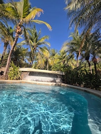 Hot tub and pool entrance right in front of the patio.