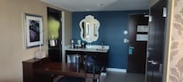 Office area, refrigerator, coffee maker and sink
