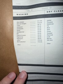 Preços das peças da lavanderia terceirizada que o hotel utiliza