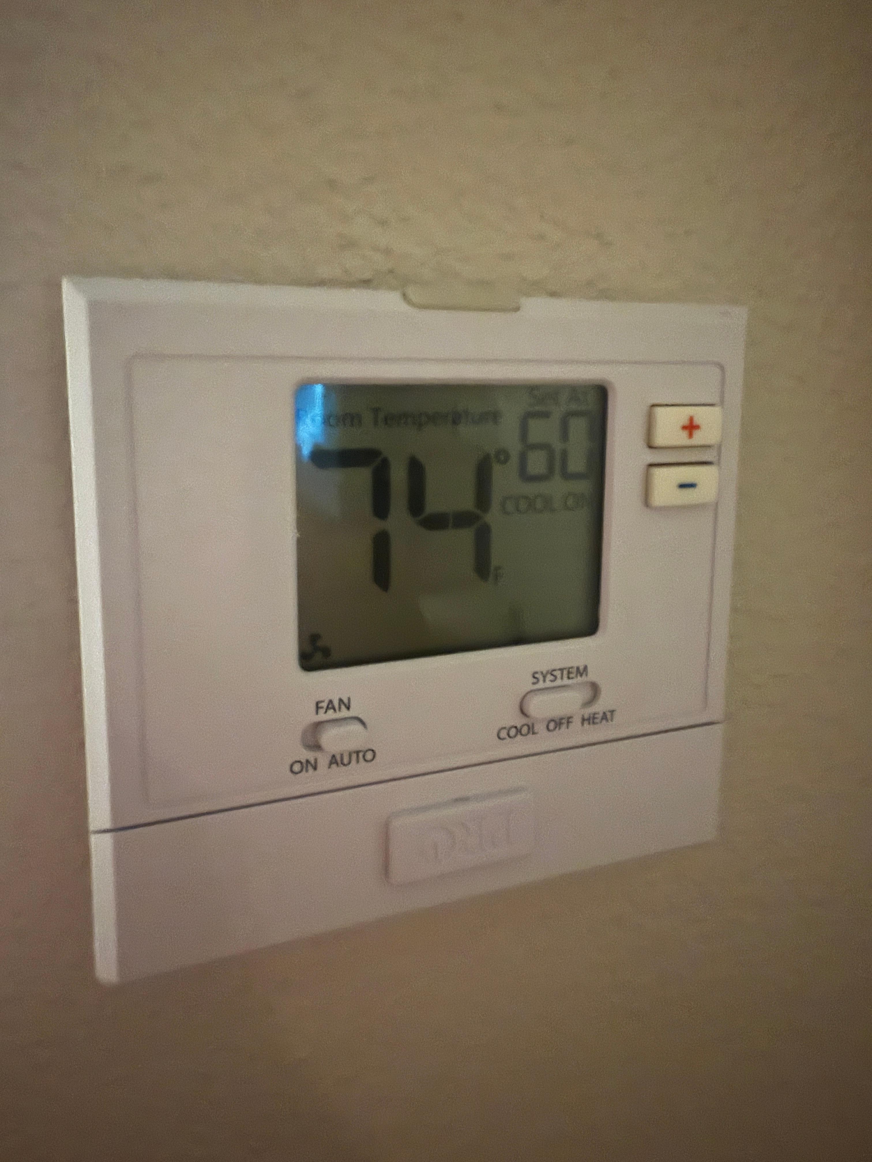10PM on a cool spring night in Savannah the room is 74 with the AC set to 60. 