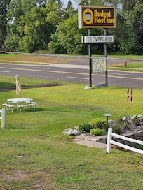 Hotel signage from our second story corner room