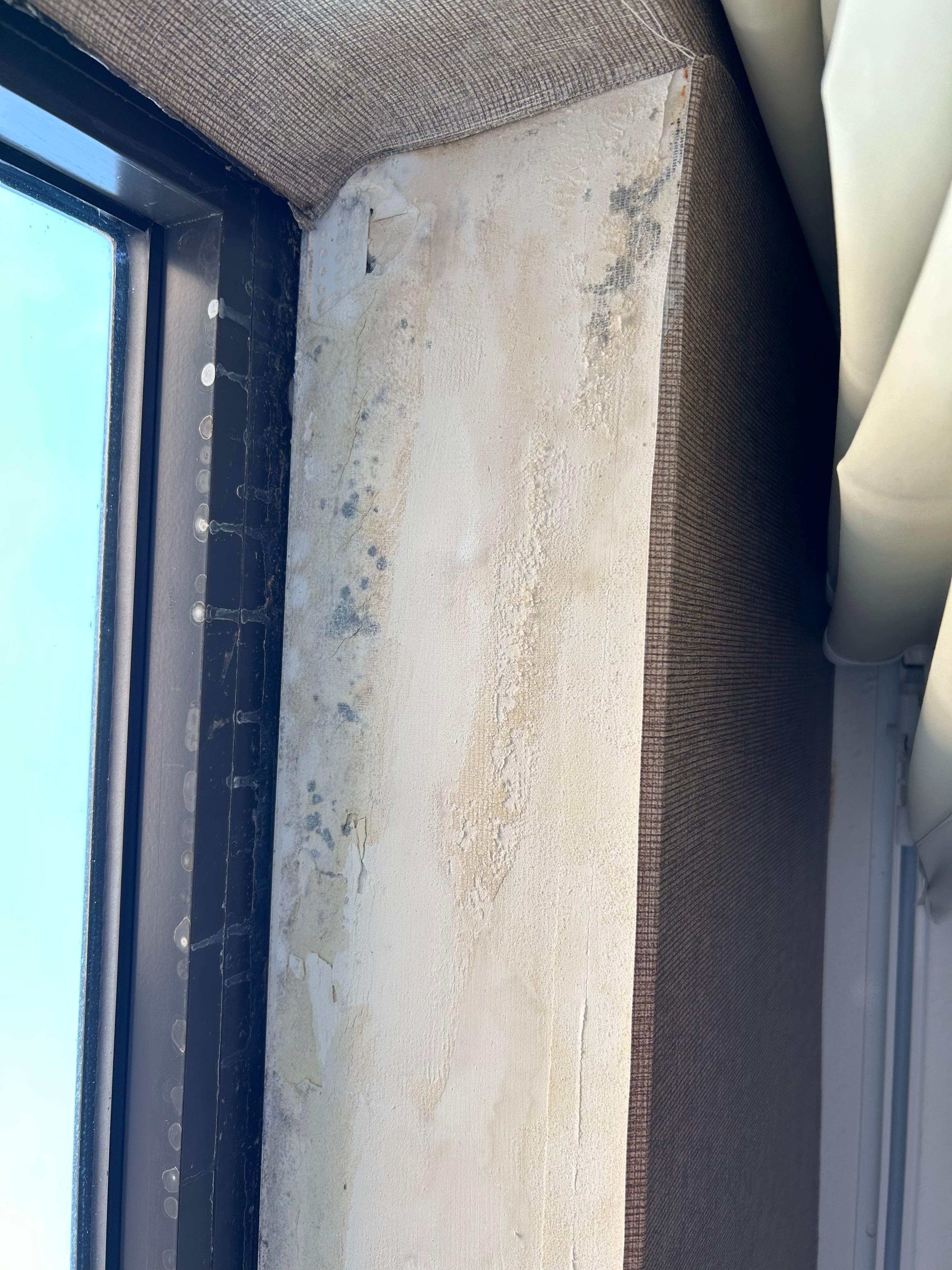 Mold stains under the wallpaper that was peeling, chalky, and falling off