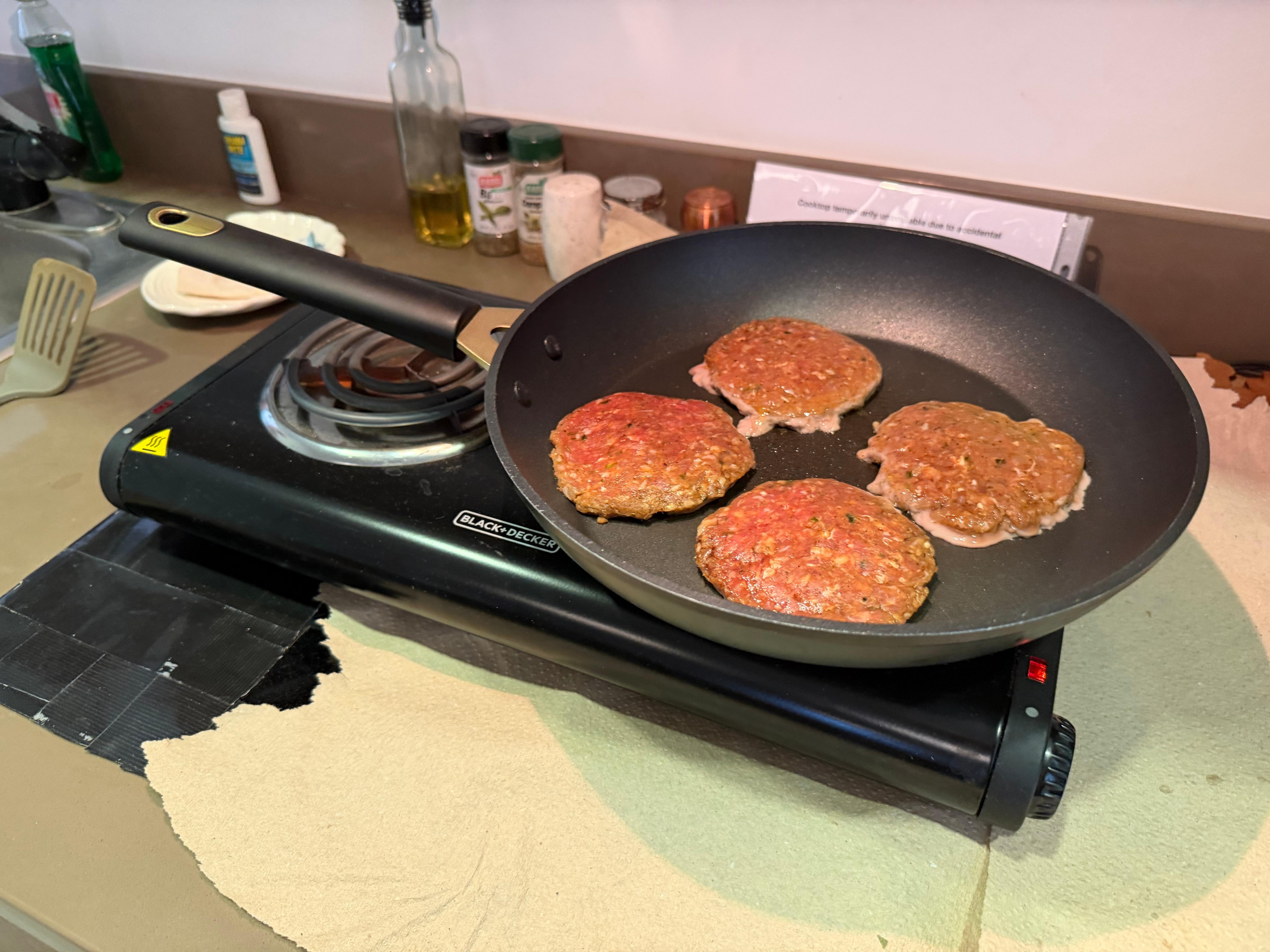 Hamburgers, but we couldn’t find buns. 