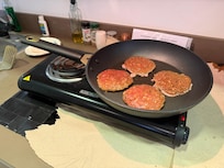 Hamburgers, but we couldn’t find buns.