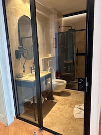 Bathroom... looks great yet no privacy.