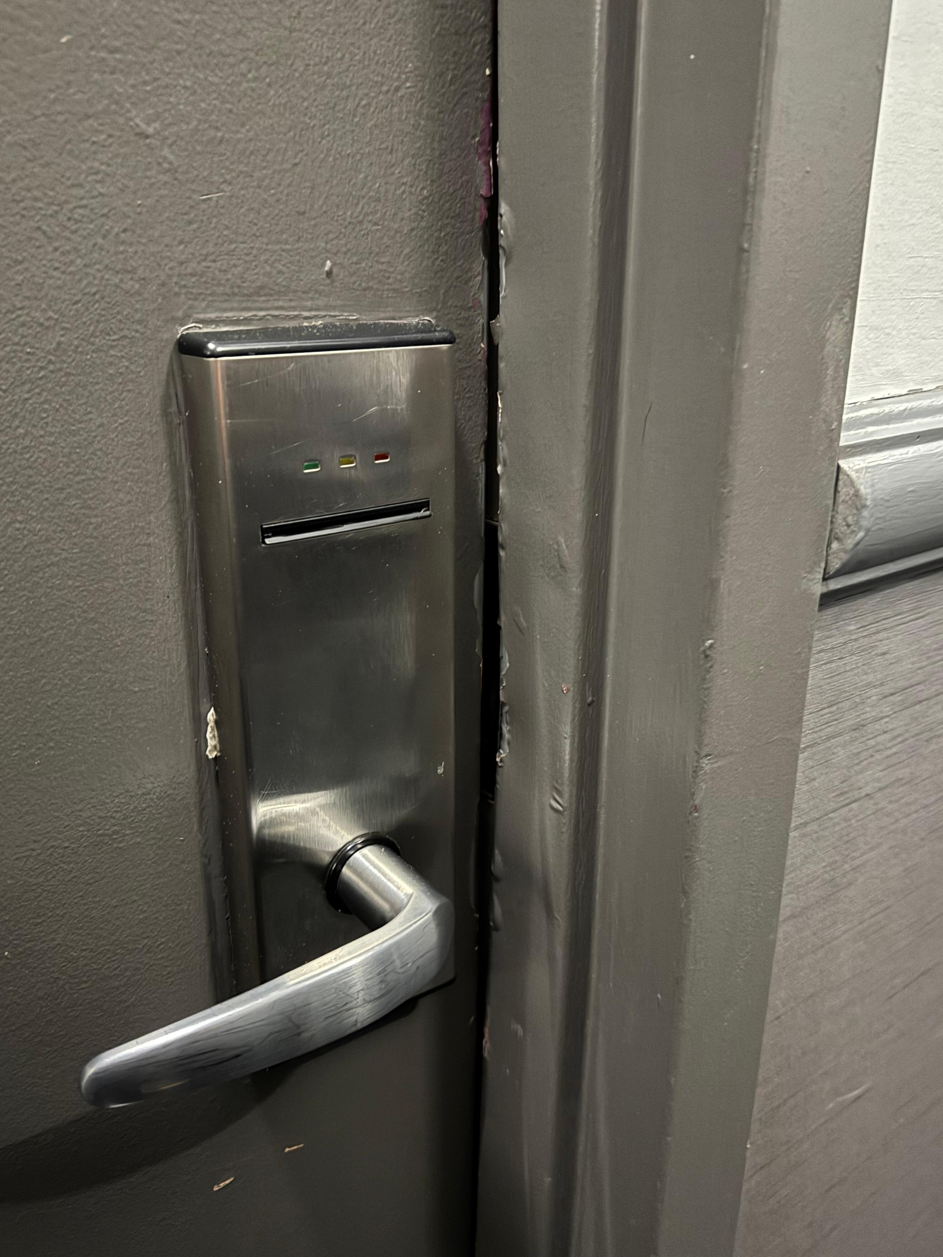 Door that didn’t shut all the way and jam has pry marks all over it.