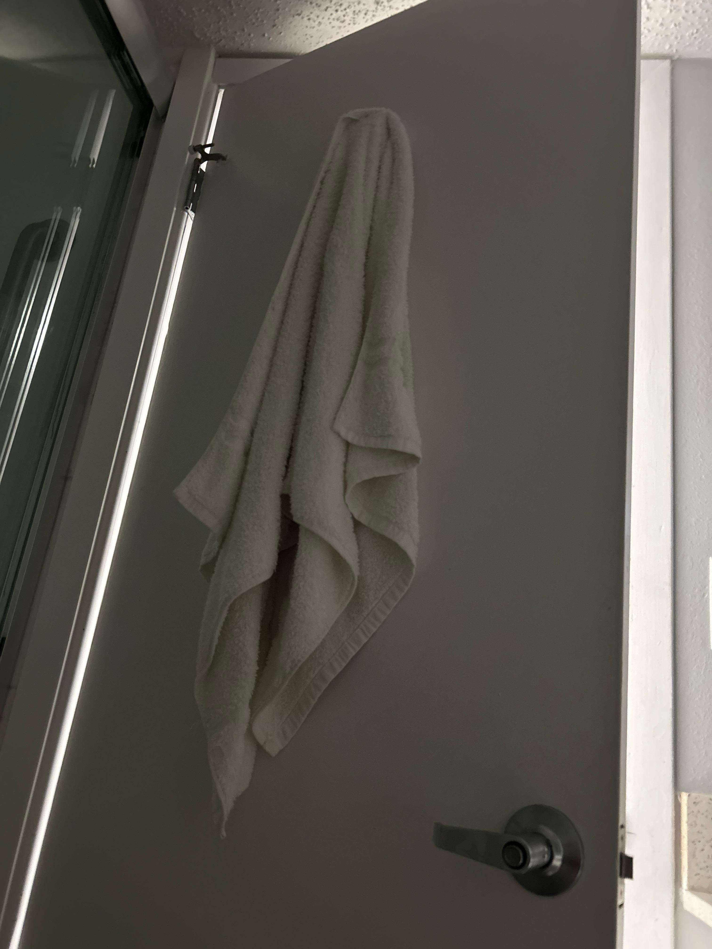 Dirty towel on door.