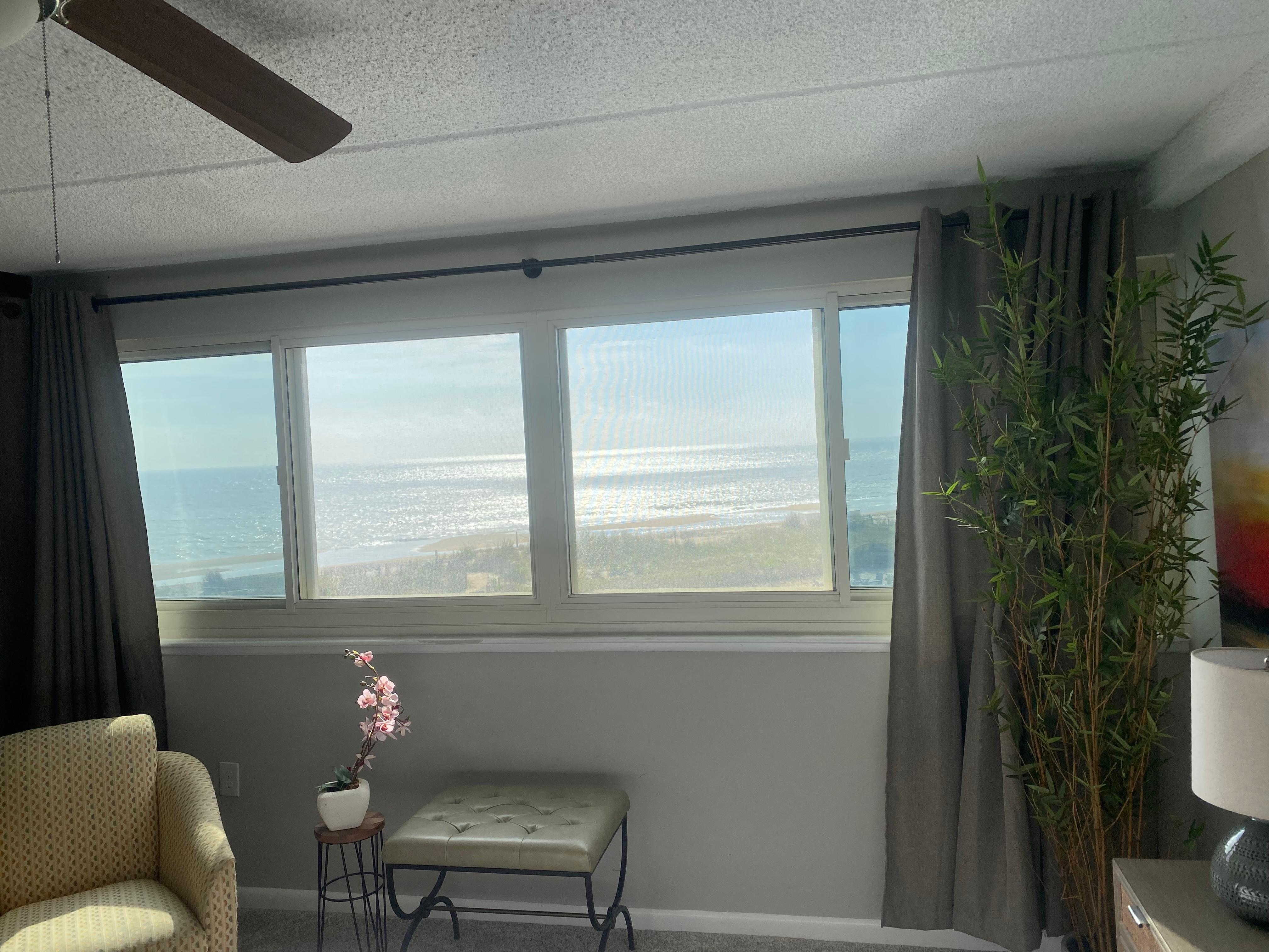 The beach view from the room . 