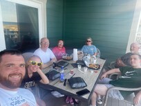 Eating dinner on the balcony.