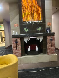 Very cute Halloween themed fireplace in the lobby.