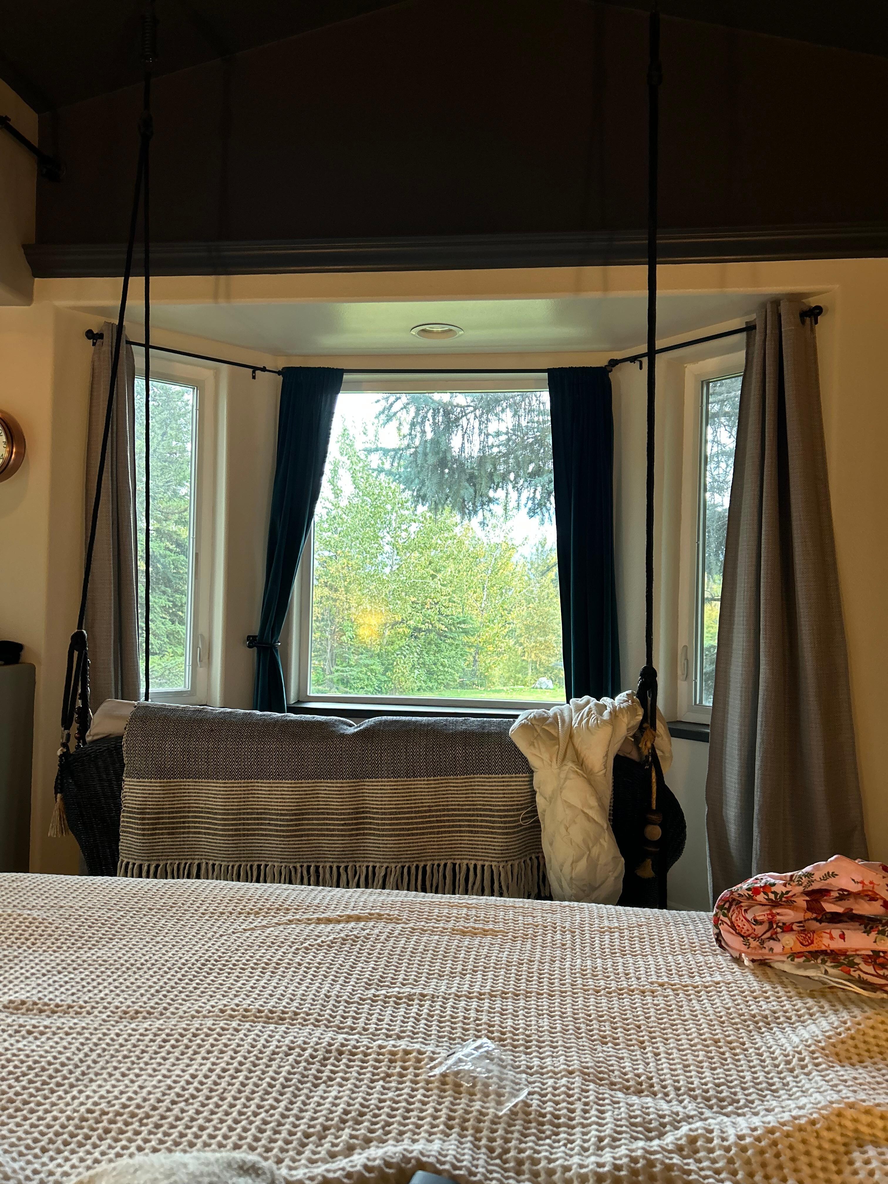 View from bed! Swing was cute & great for relaxing, husband took a nap on it while watching football game on his tablet 😄