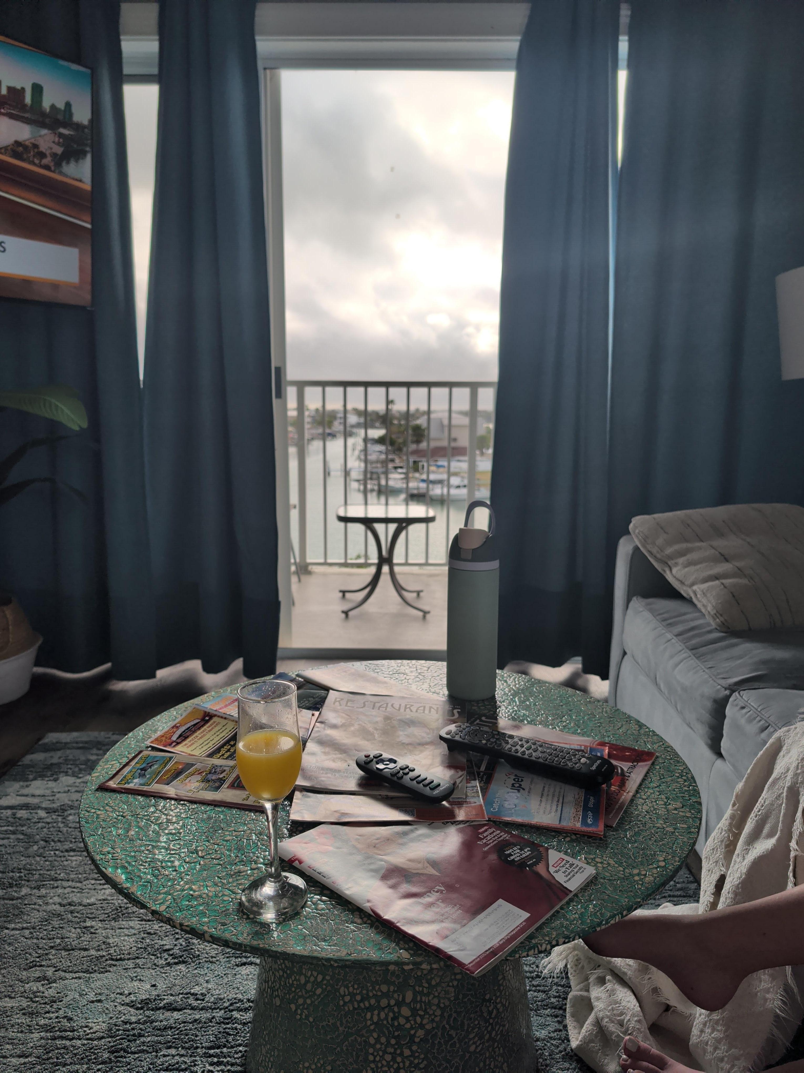 Waking up in the condo, looking out into the balcony.