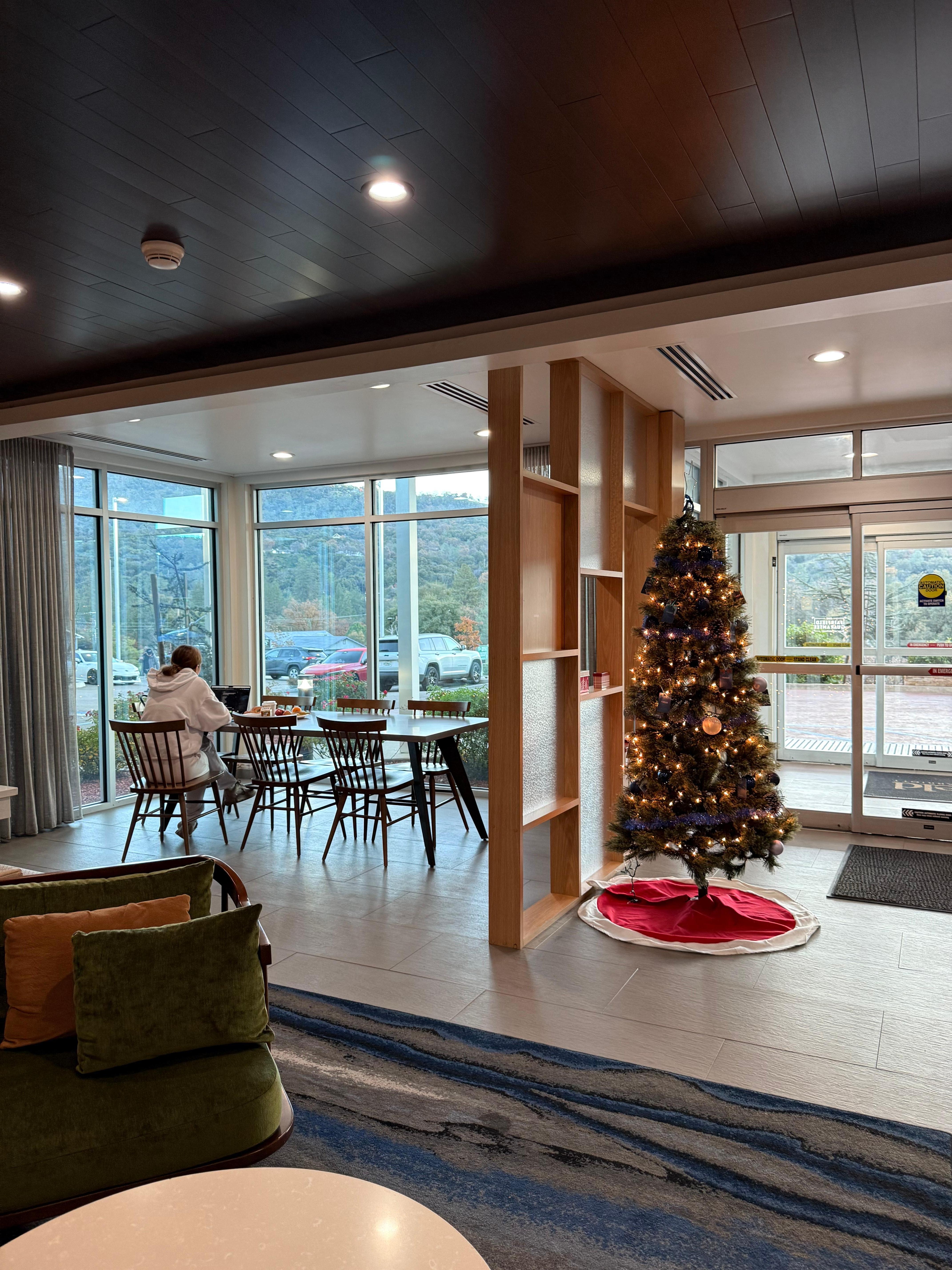 Festive Christmas tree greeting us by the door. 