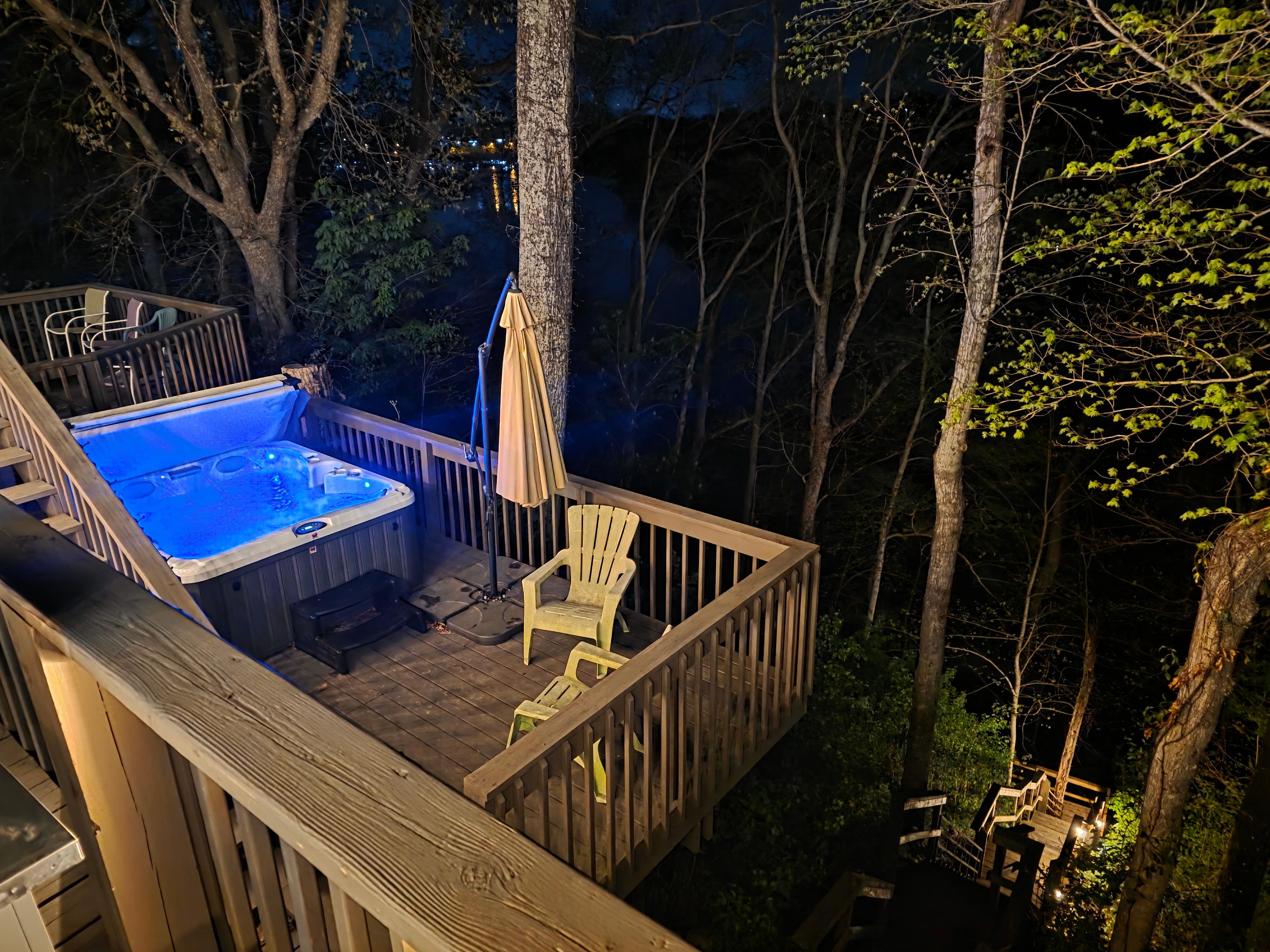 Deck and lighted stairs to the lake