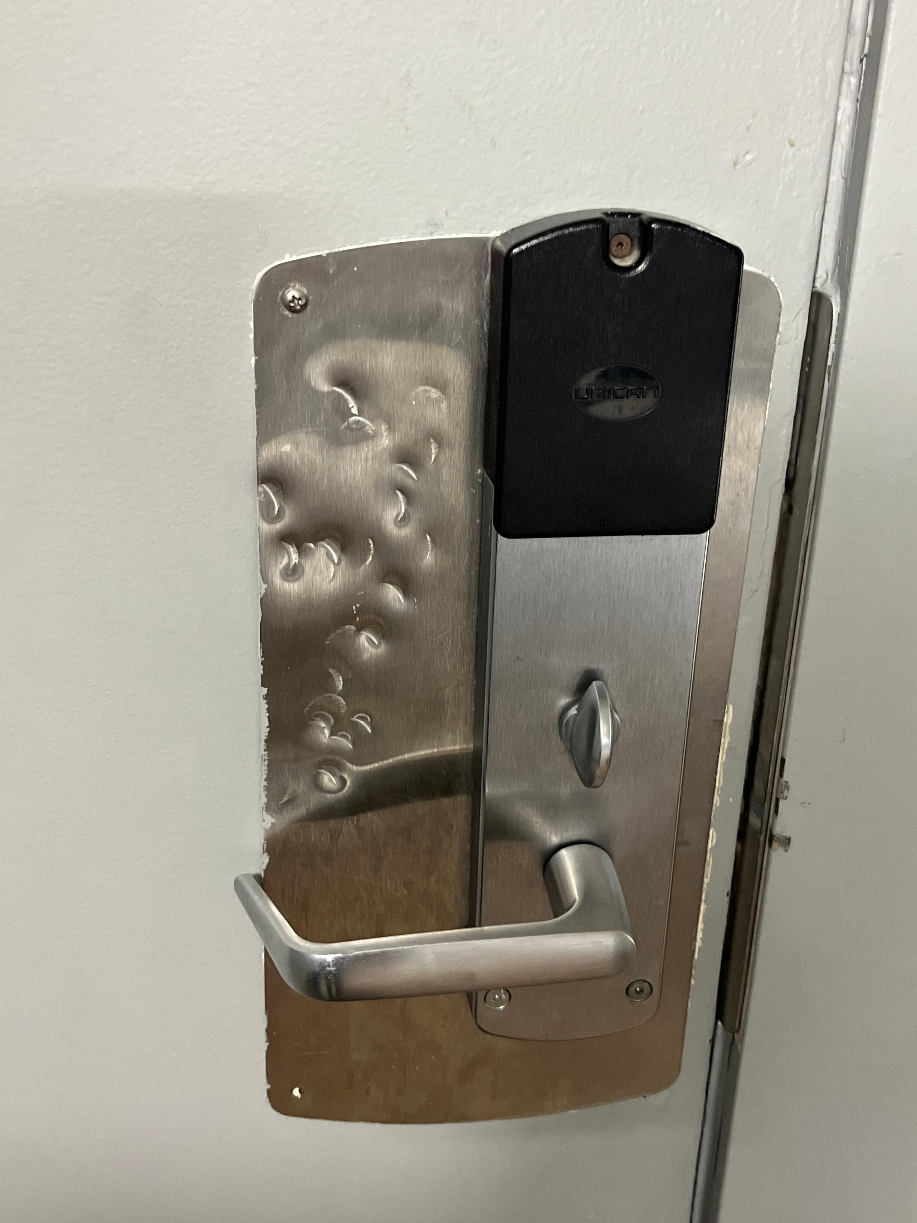 The door of the room. 