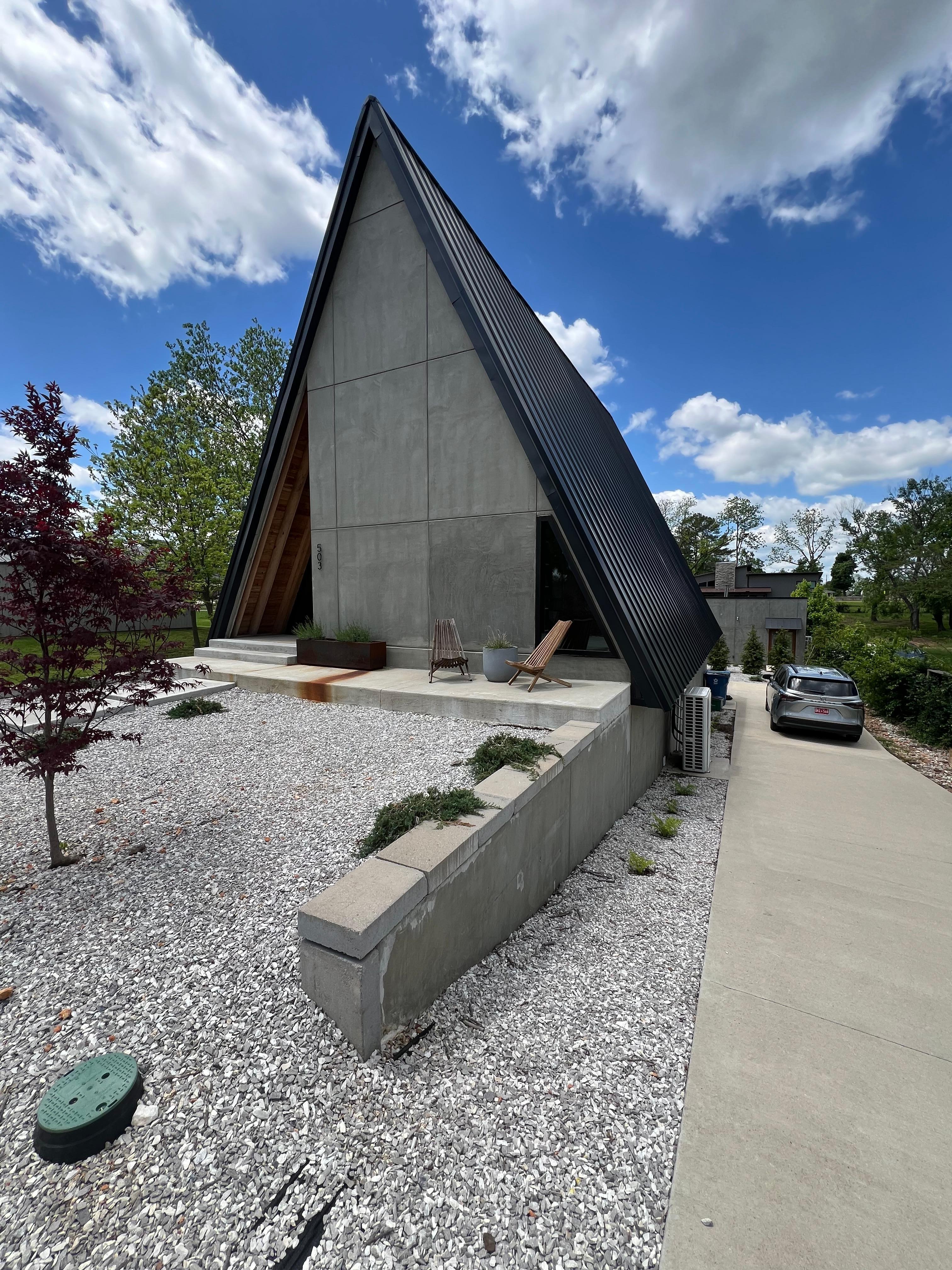 Front of the A frame house. Bigger than it appears.